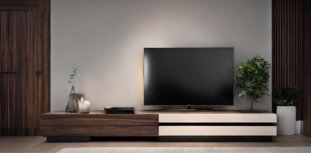 Modern tv unit with light and dark wood panel-Beautiful Homes