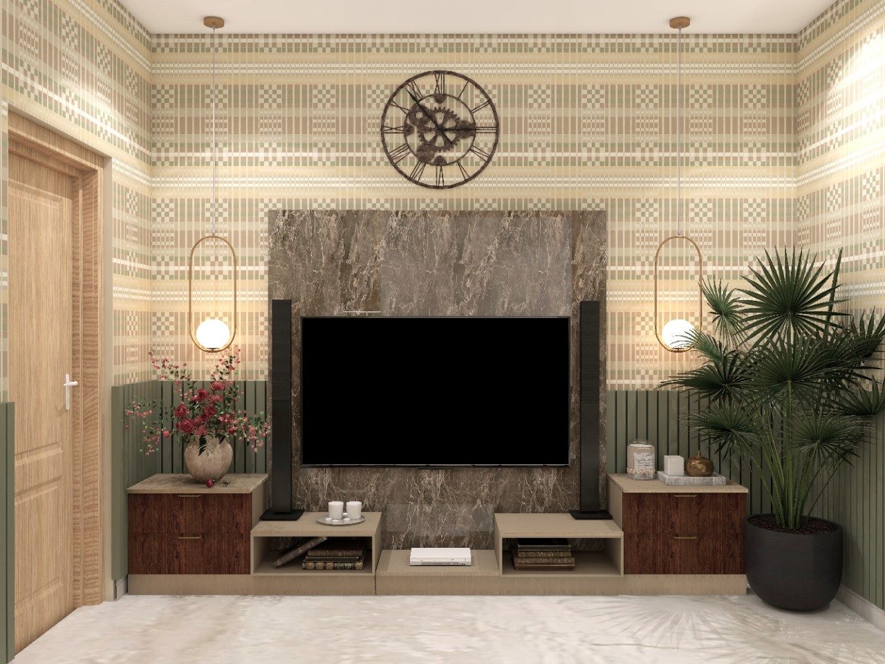 Modern TV unit with marble back panel and printed wallpaper - Beautiful Homes