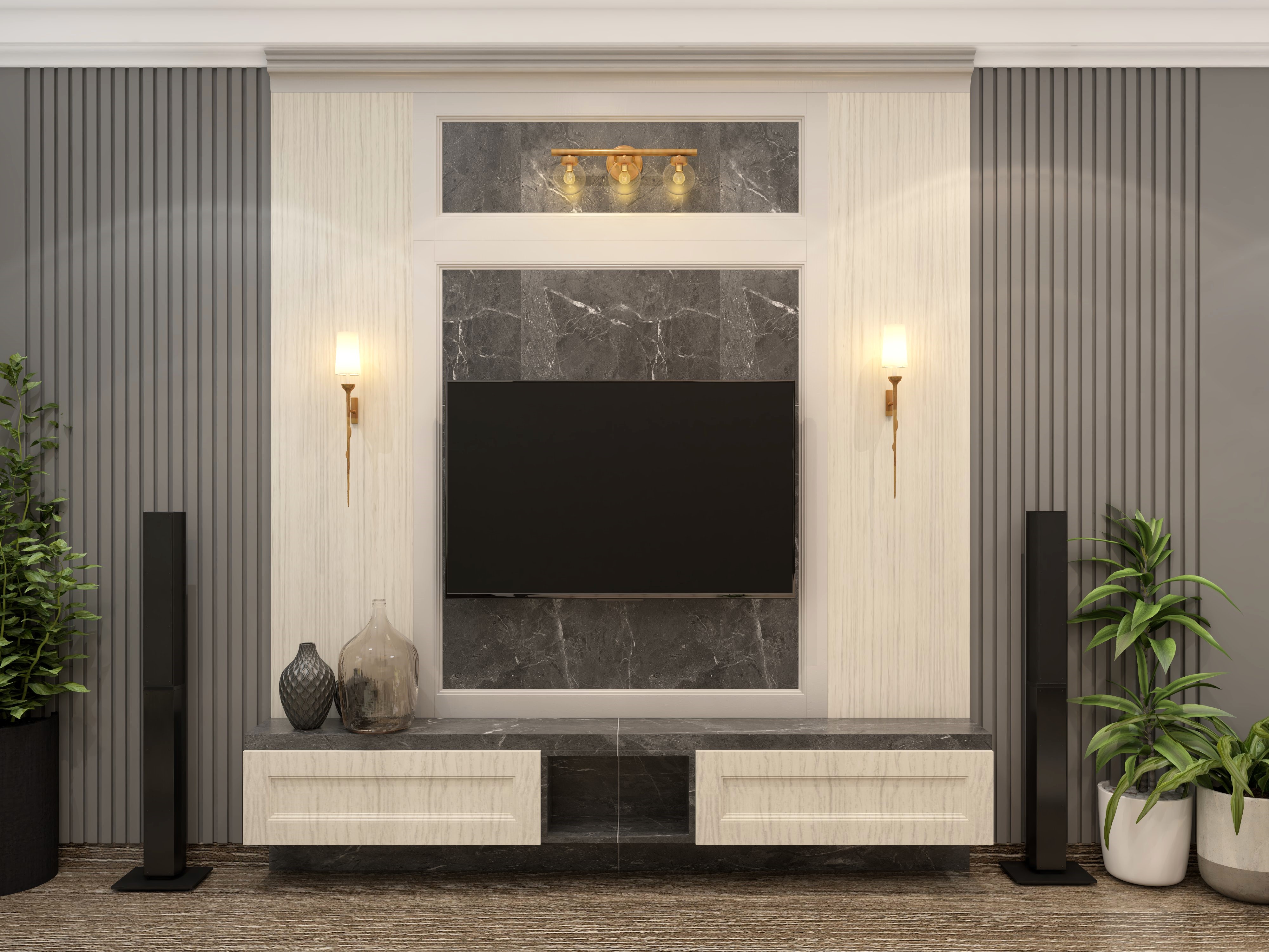 Modern TV unit with marble back panel and wall lights - Beautiful Homes