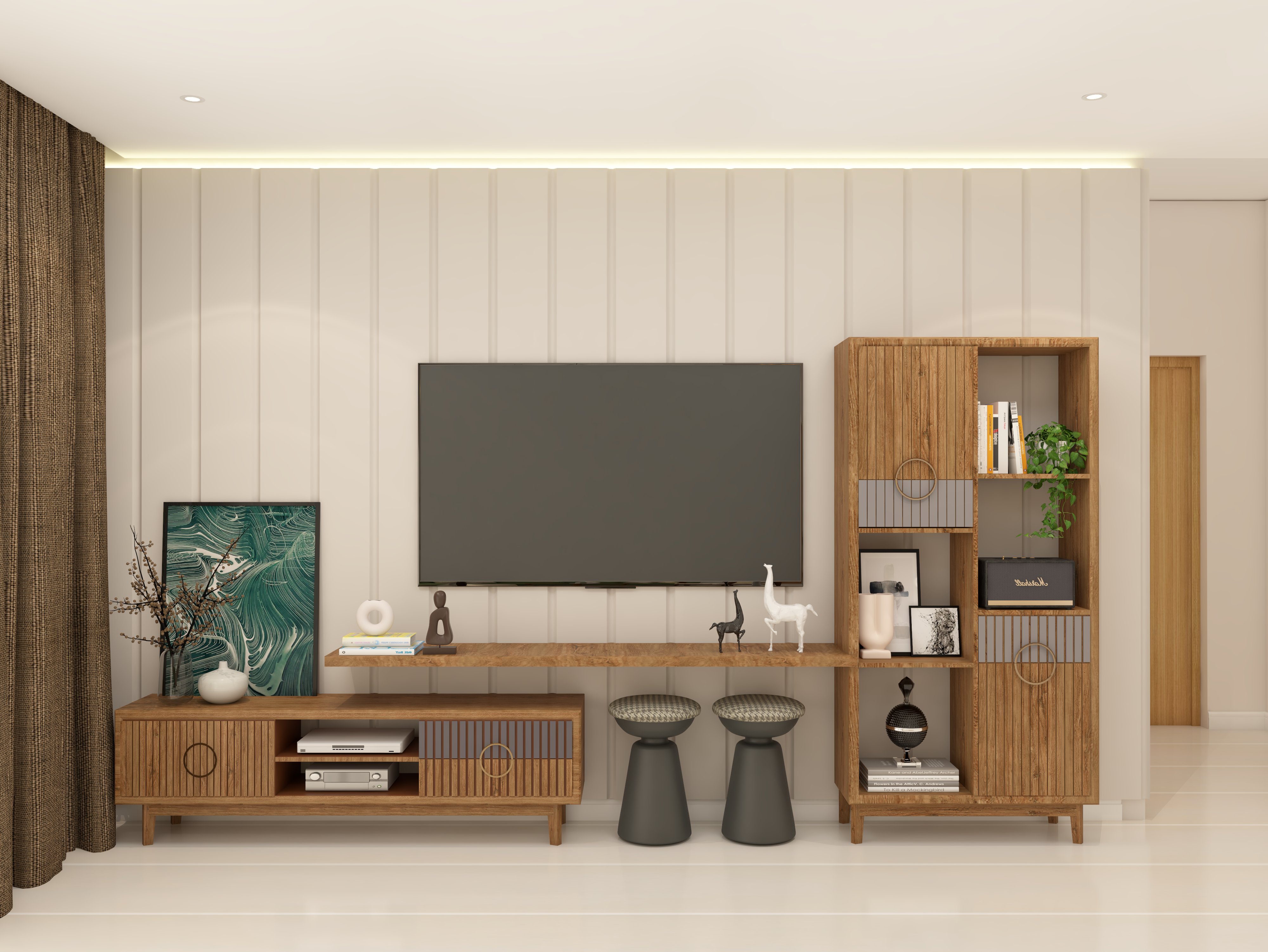 Modern TV unit with MDF wall panel and wooden console with cupboard storage - Beautiful Homes