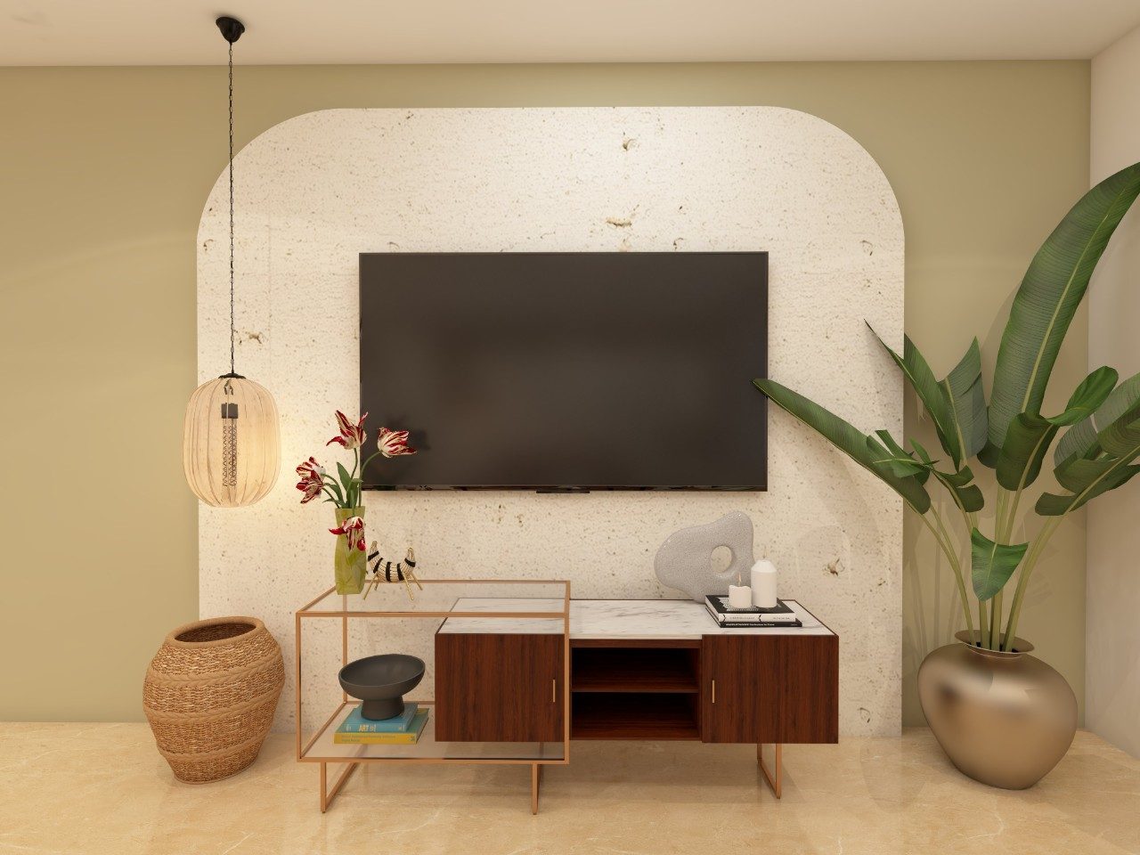 Modern TV unit with Nilaya furniture and white teak pendant light - Beautiful Homes