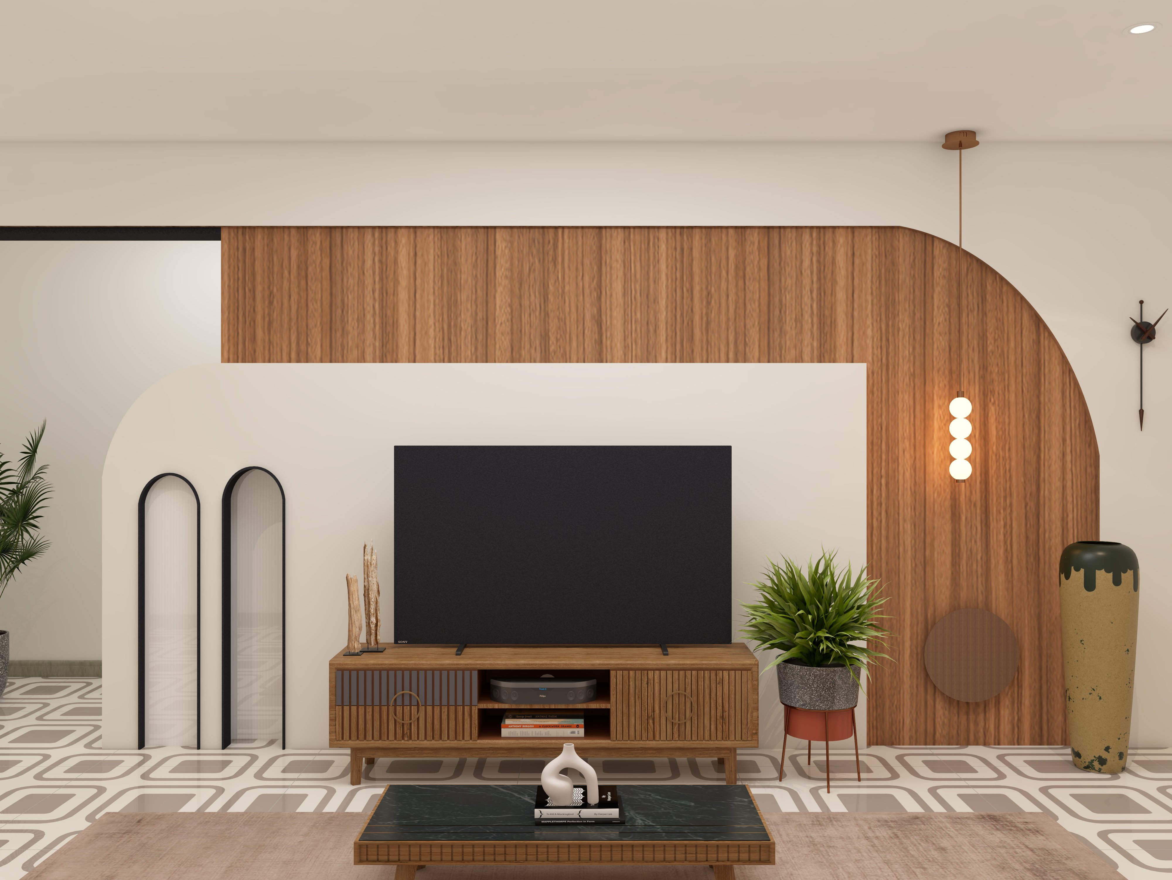 Modern TV unit with Nilaya wooden console and white walls - Beautiful Homes