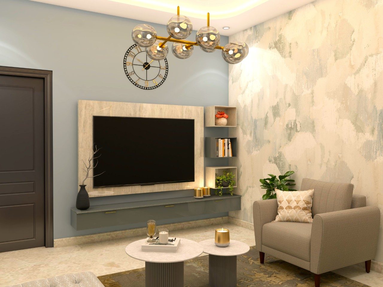 Modern TV unit with textured wallpaper and grey drawers-Beautiful Homes