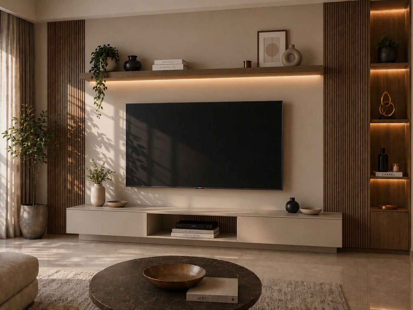 Modern TV unit with a light beige media console, dark oak floating shelf, matching slatted wall panels, and built-in display shelving - Beautiful Homes