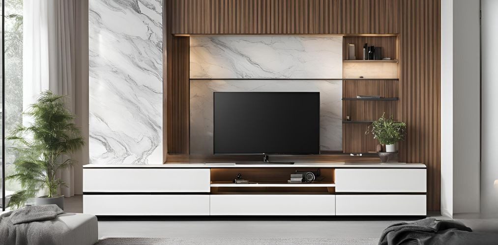 Modern TV unit with wooden panelling and marble back panel - Beautiful Homes