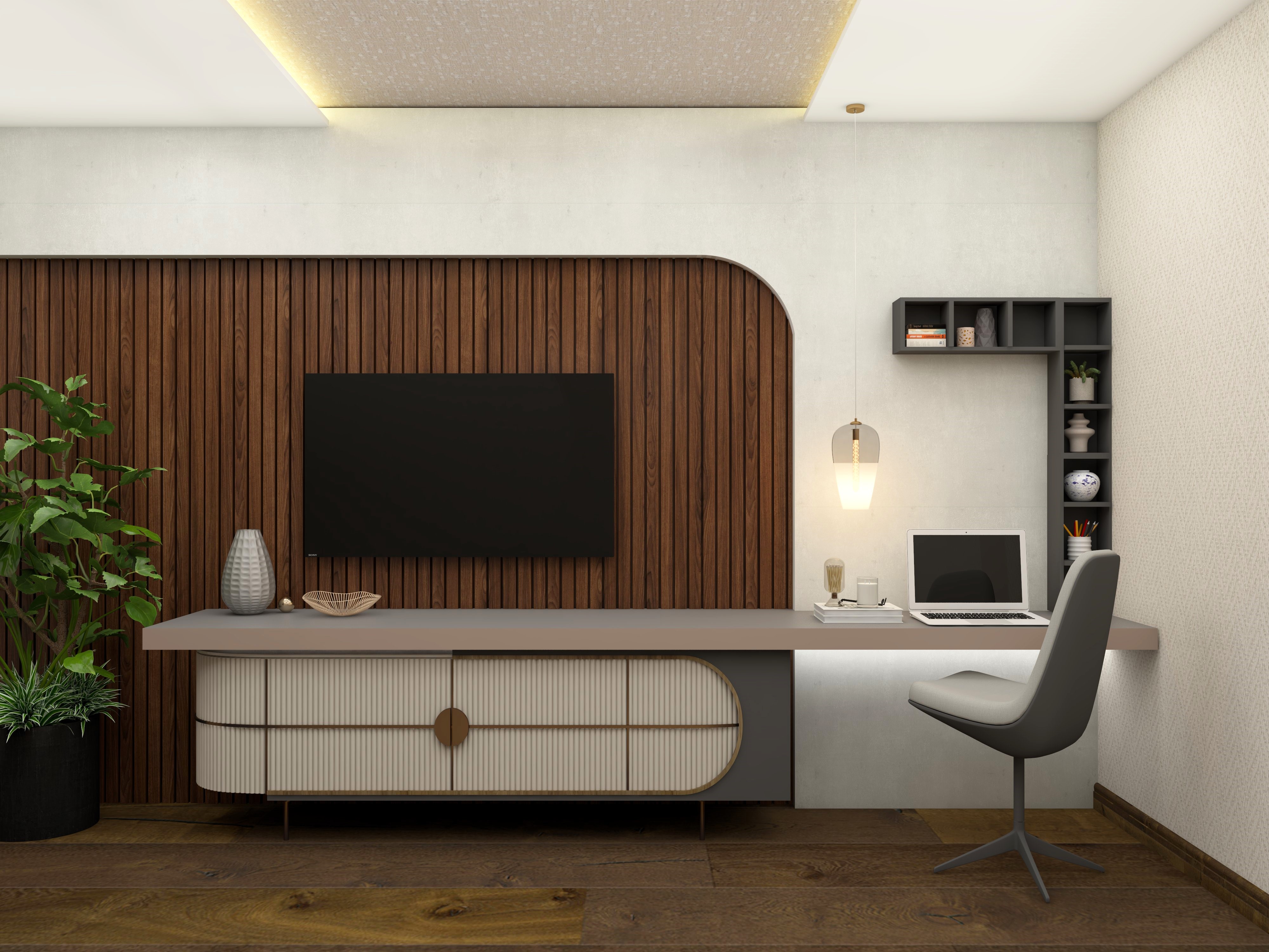 Modern TV unit with wooden panels and fluted laminate - Beautiful Homes