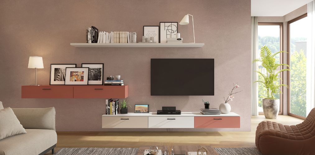 TV unit with colorful drawers and textured wall paint-Beautiful Homes