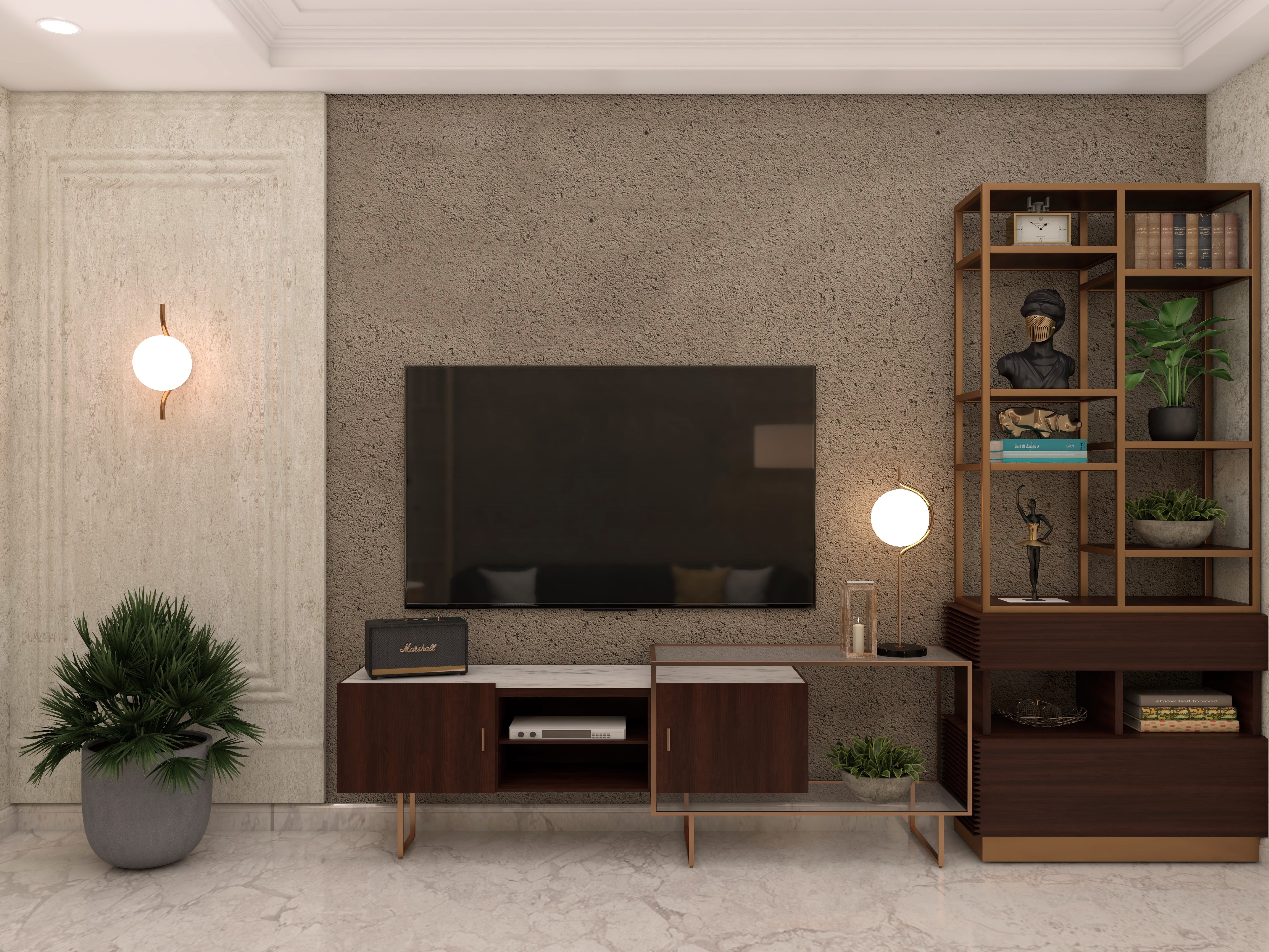 Nilaya TV unit with textured wall finish - Beautiful Homes