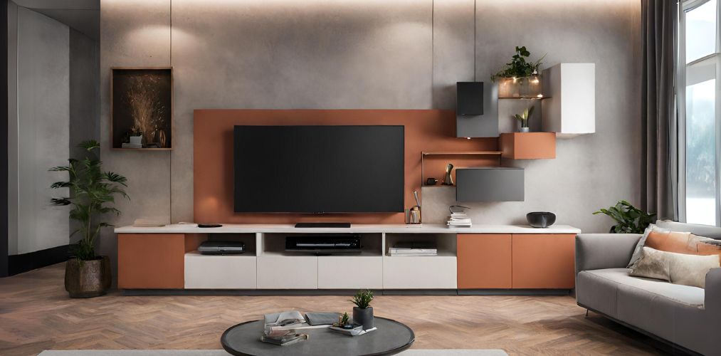 Orange and white TV unit with grey accent wall - Beautiful Homes
