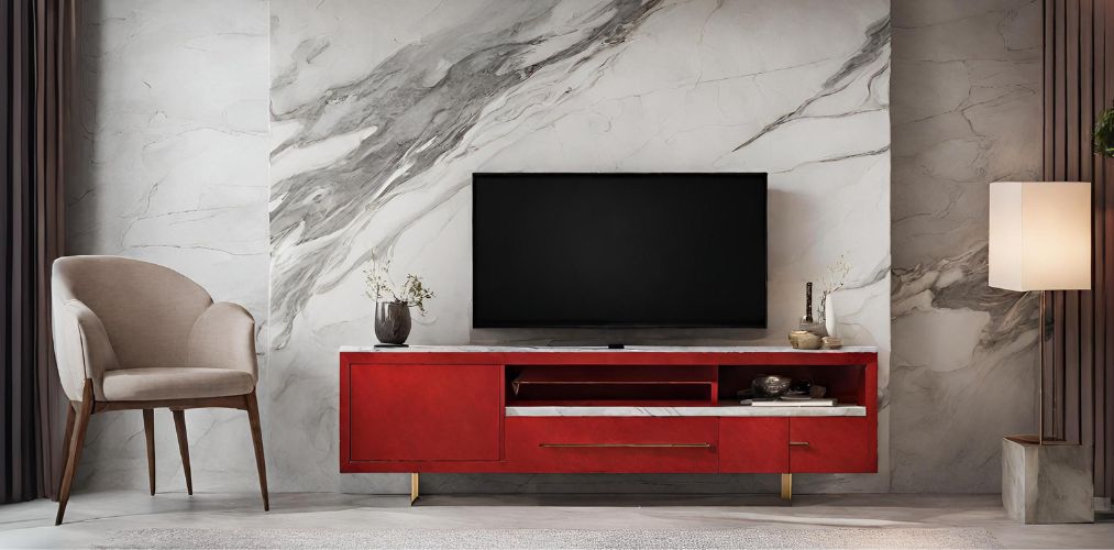 Red TV unit with marble back wall panel-Beautiful Homes
