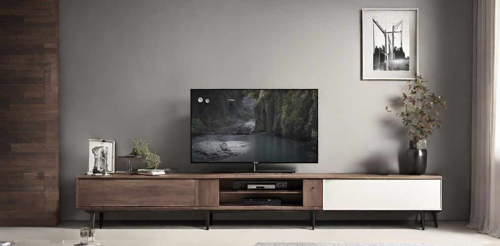Simple freestanding wooden TV unit with metal legs-Beautiful Homes