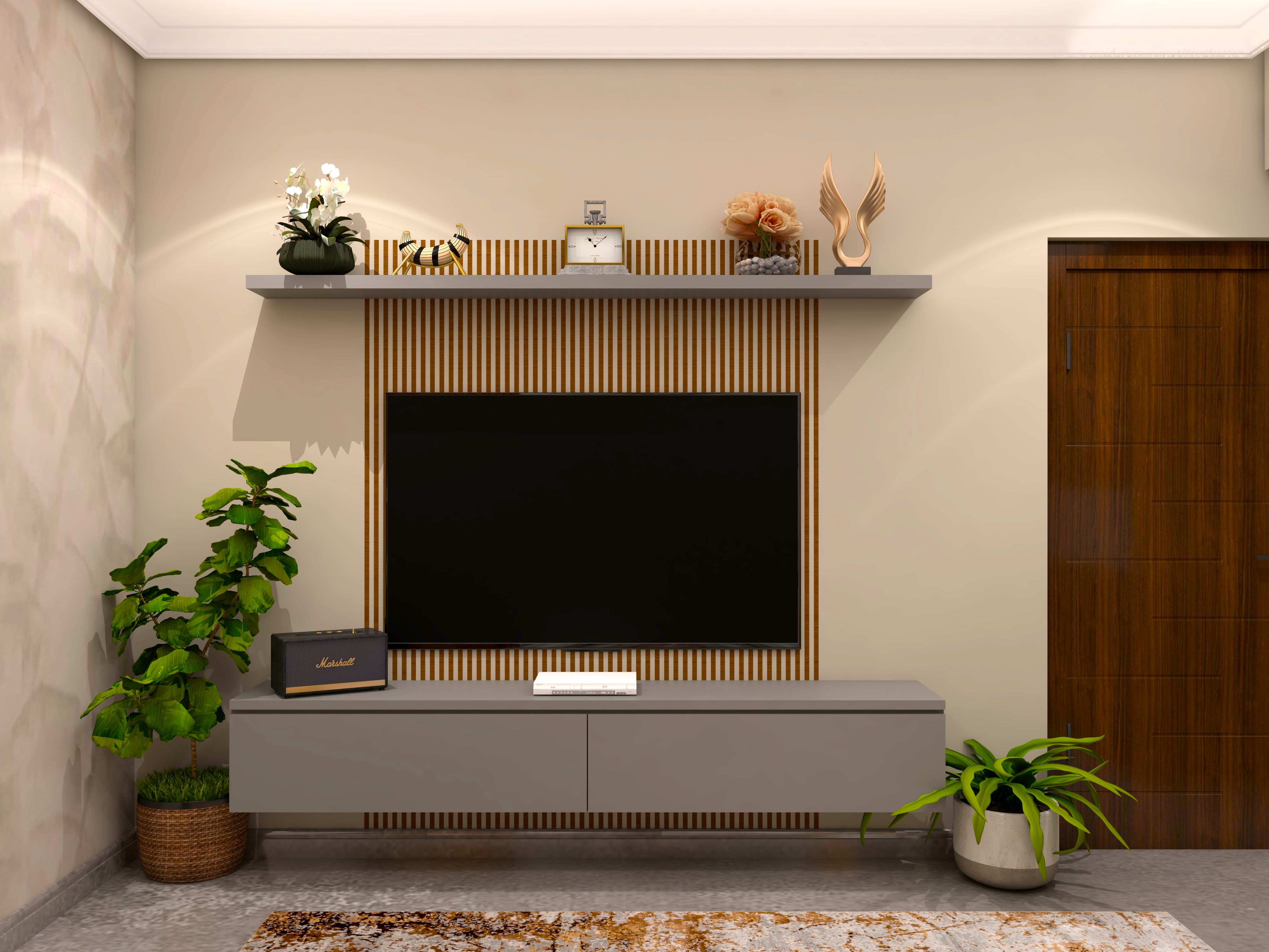 Simple grey TV unit with wall mounted drawers-Beautiful Homes