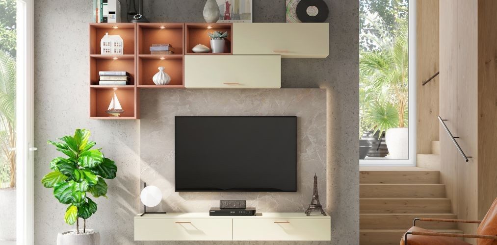 TV unit design with colored shelves-Beautiful Homes