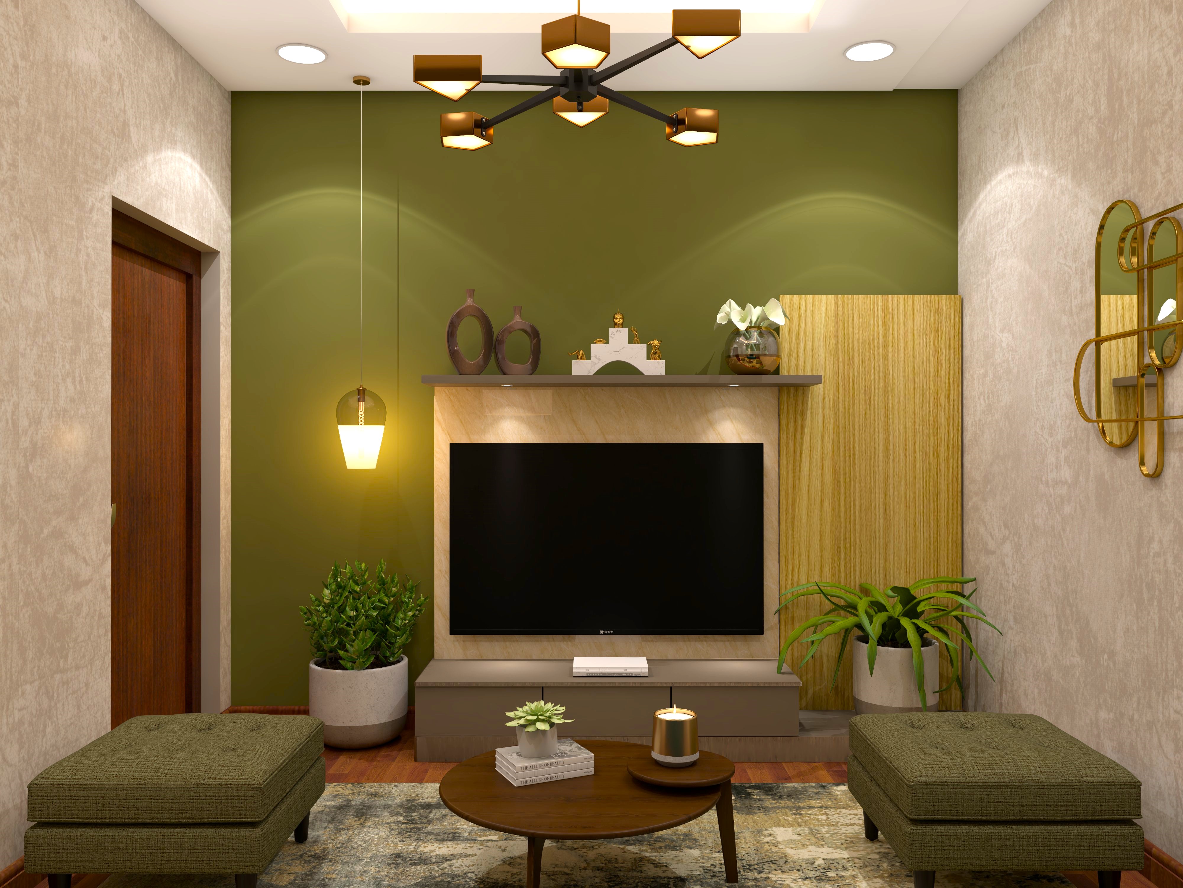 Simple TV unit design with green wall and brown drawers-Beautiful Homes