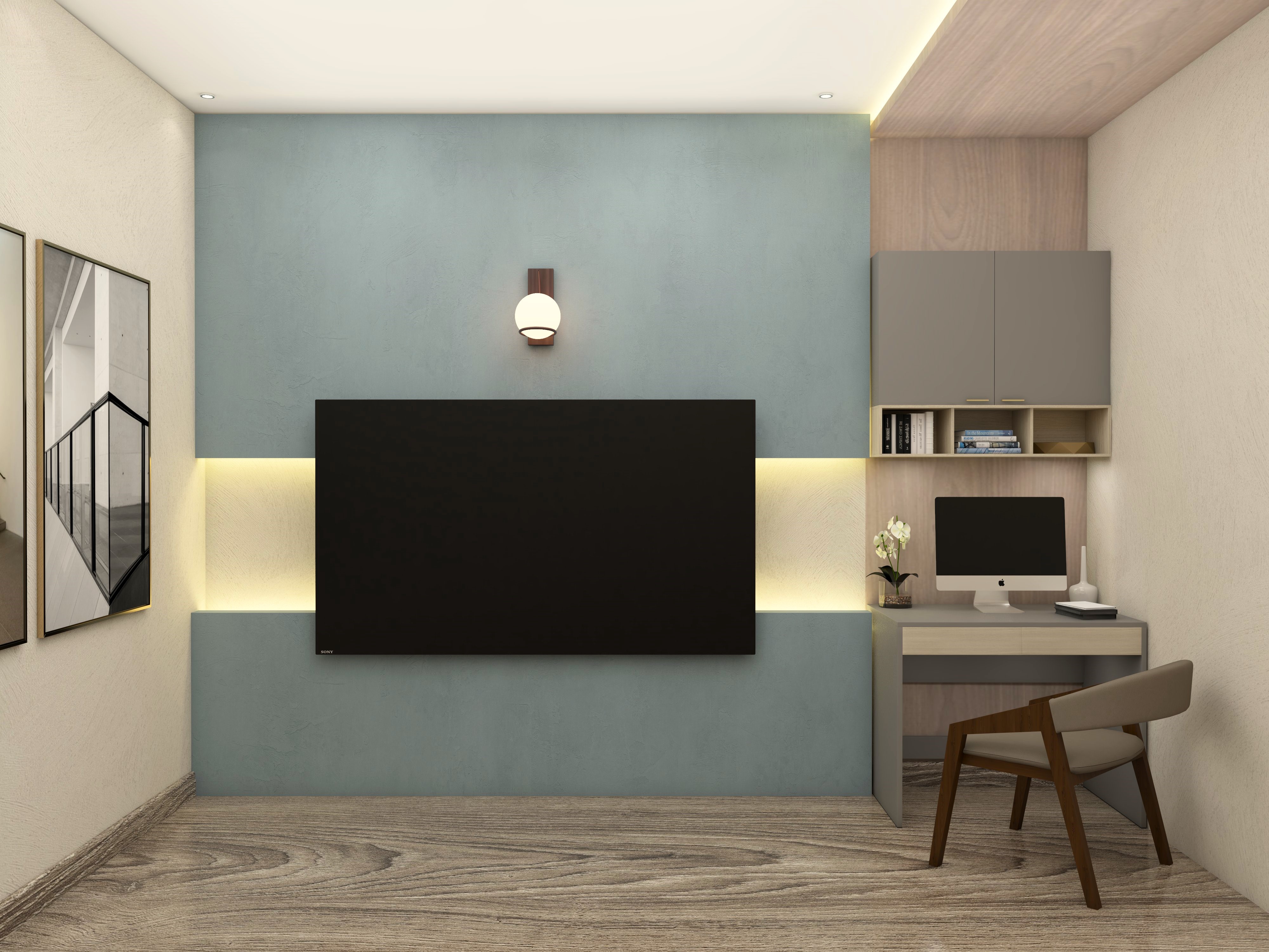 Simple TV unit wall with blue paint and cove lights along with study table-Beautiful Homes