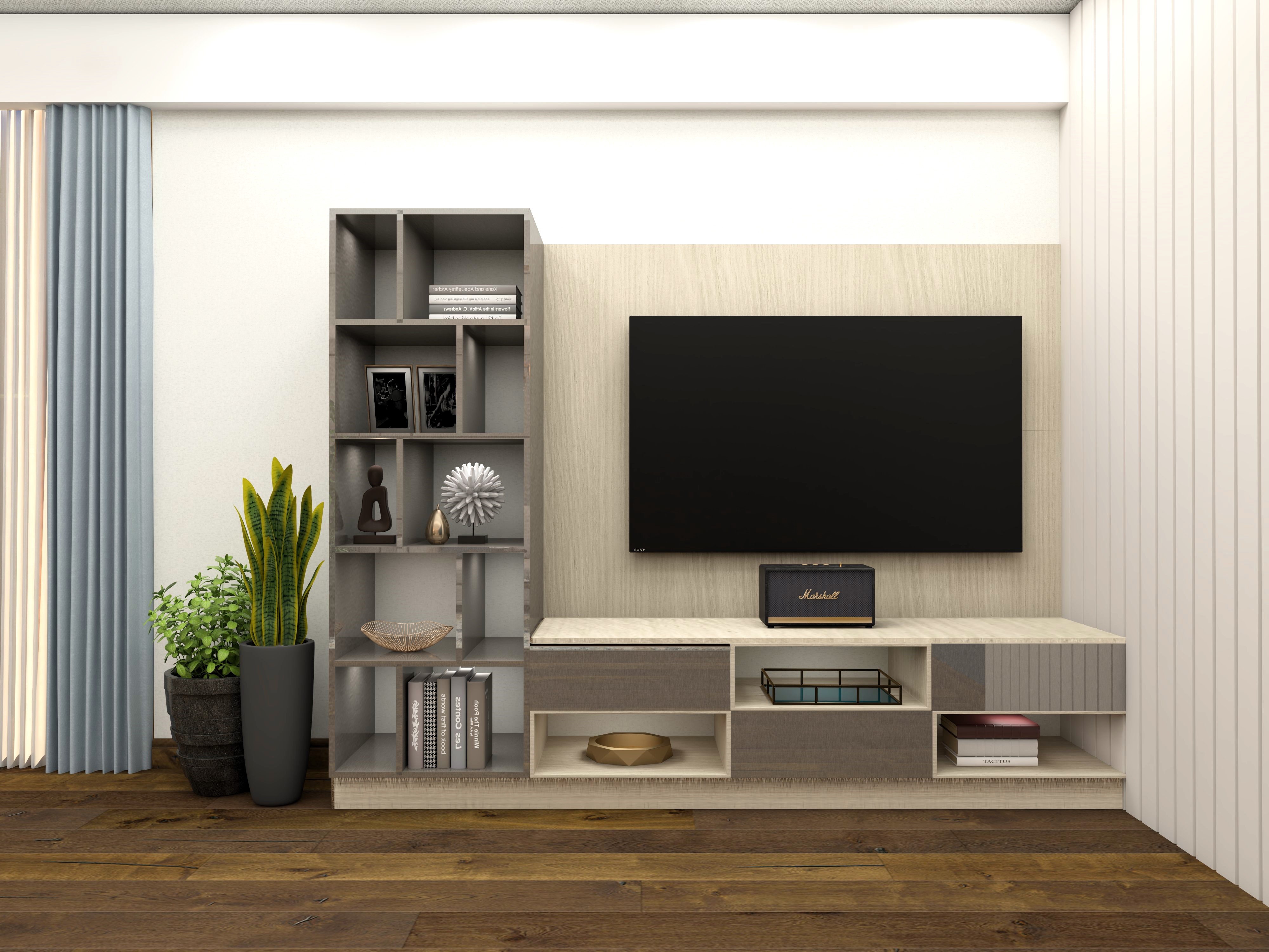 Simple TV unit with built-in shelves and drawers-Beautiful Homes
