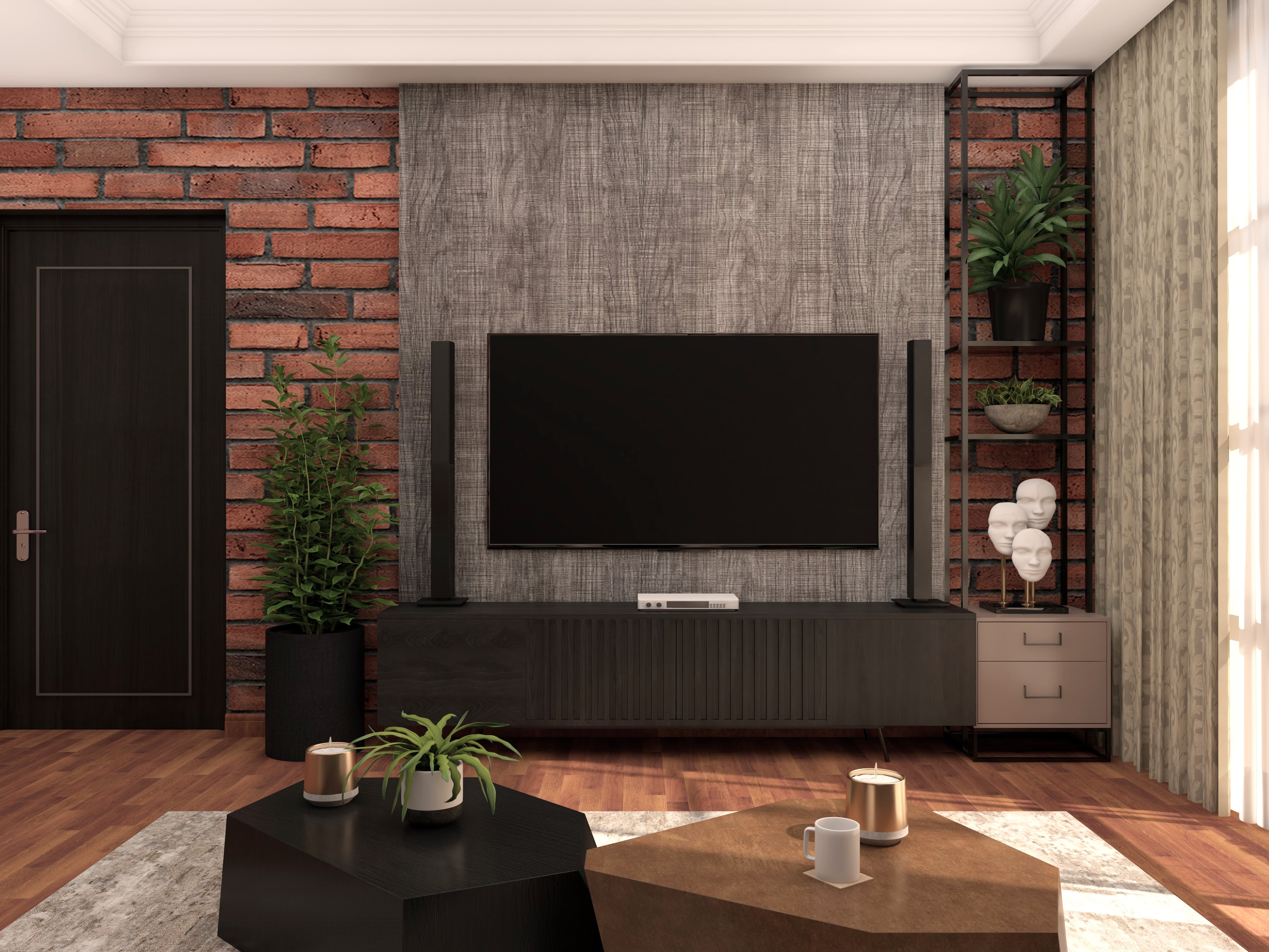 Simple TV unit with dark wooden console and brown textured wall - Beautiful Homes