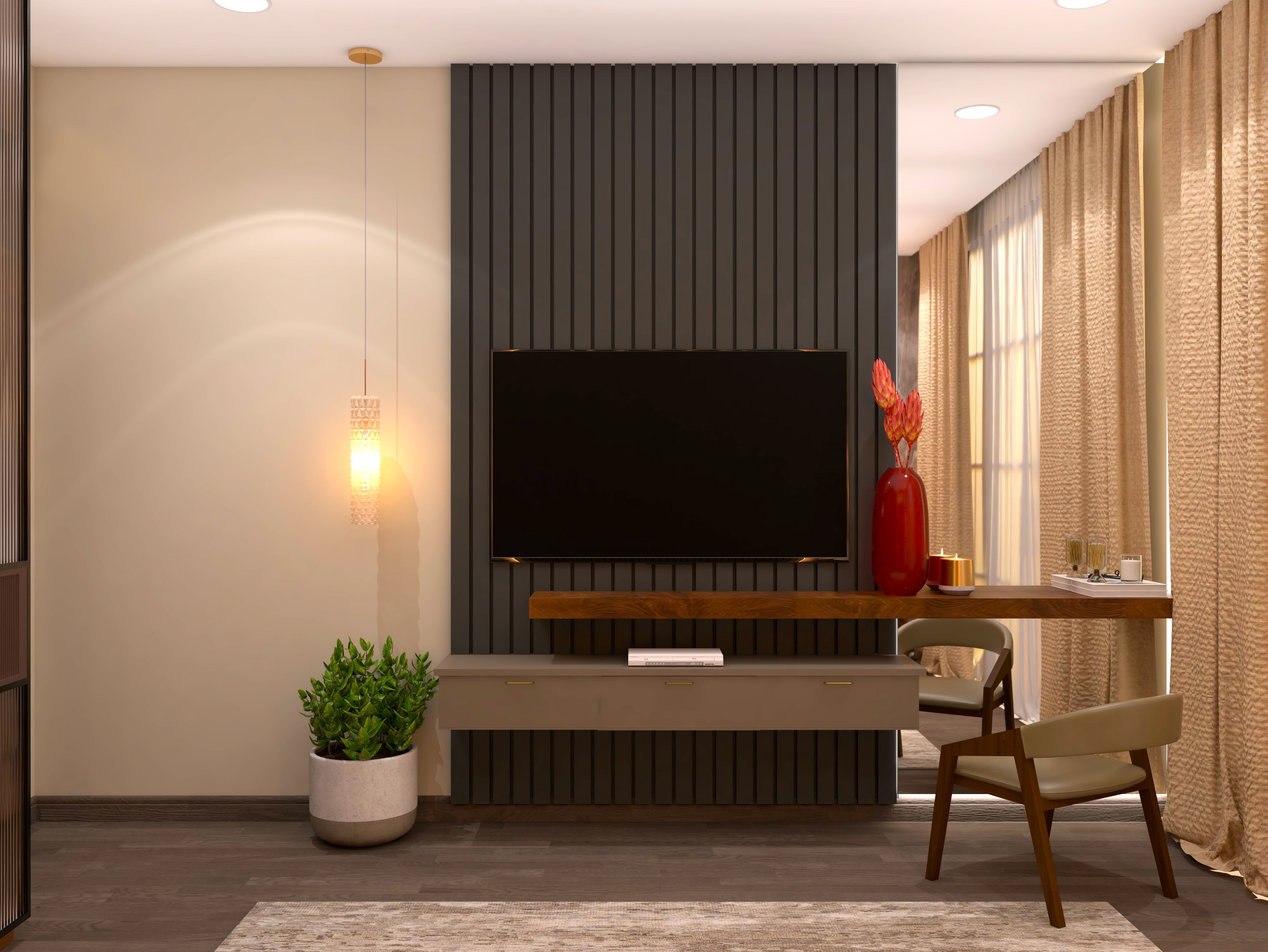 Simple TV unit with grey fluted paneling and full mirror-Beautiful Homes