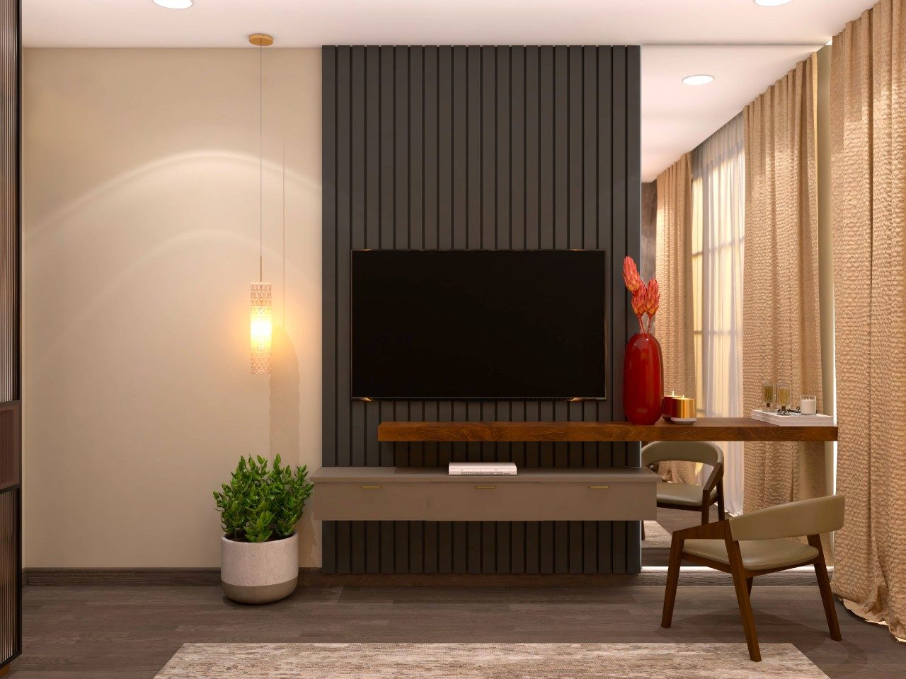 Simple TV unit with grey fluted paneling and full mirror-Beautiful Homes