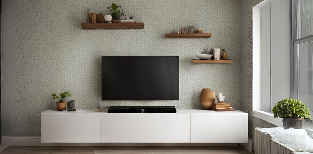 Simple TV unit with wallpaper and floating shelves - Beautiful Homes