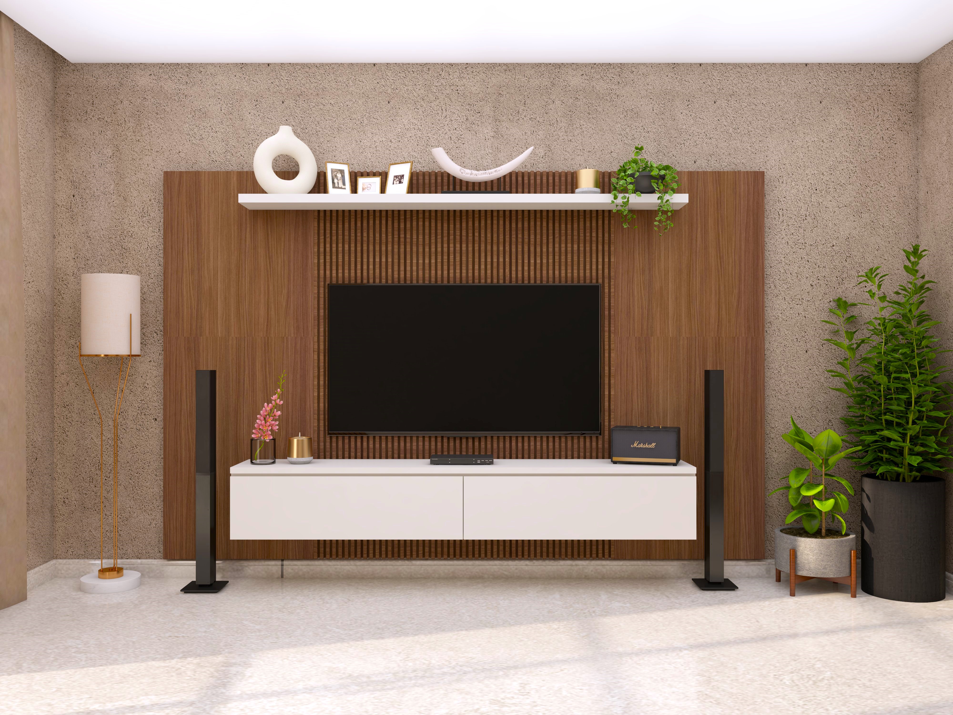 Simple TV unit with wooden back panel and white wall mounted drawers - Beautiful Homes