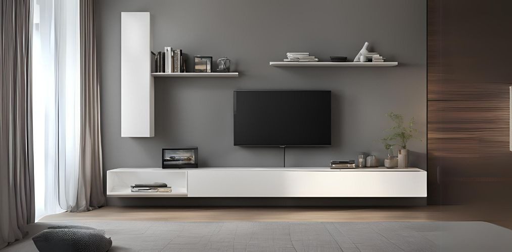 Simple white TV unit against grey wall paint - Beautiful Homes