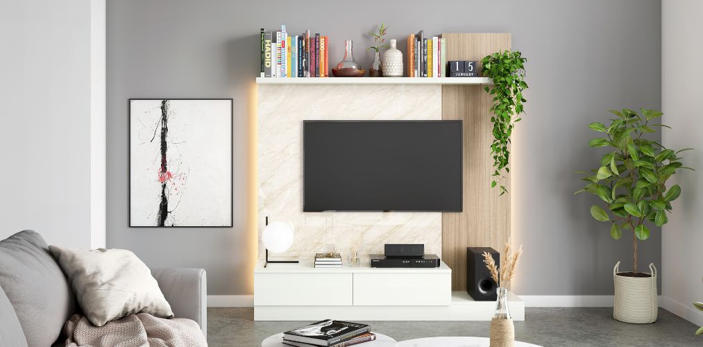 White TV unit design for living room-Beautiful Homes