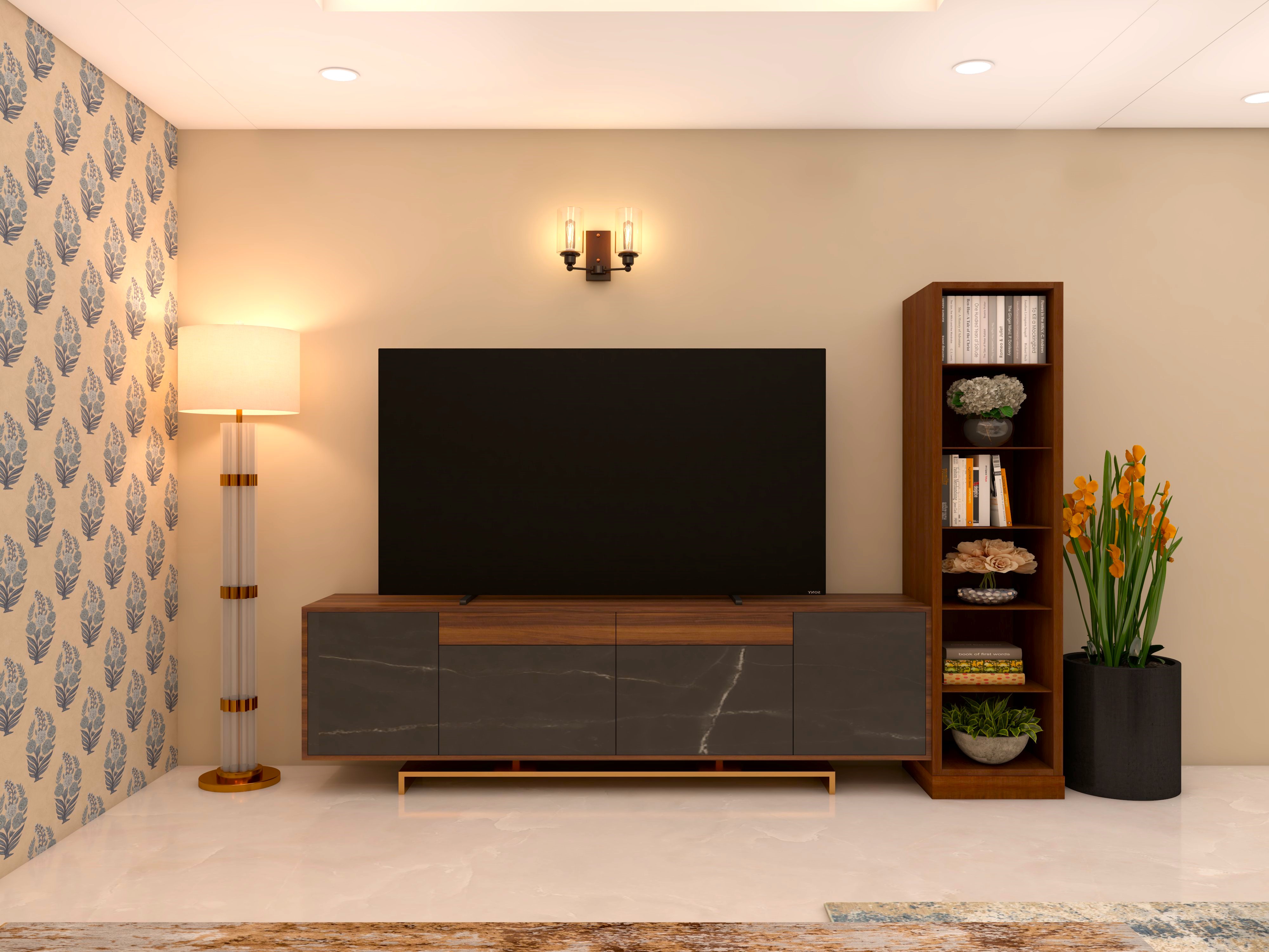Small TV unit design with gold metal legs and standing bookshelf-Beautiful Homes