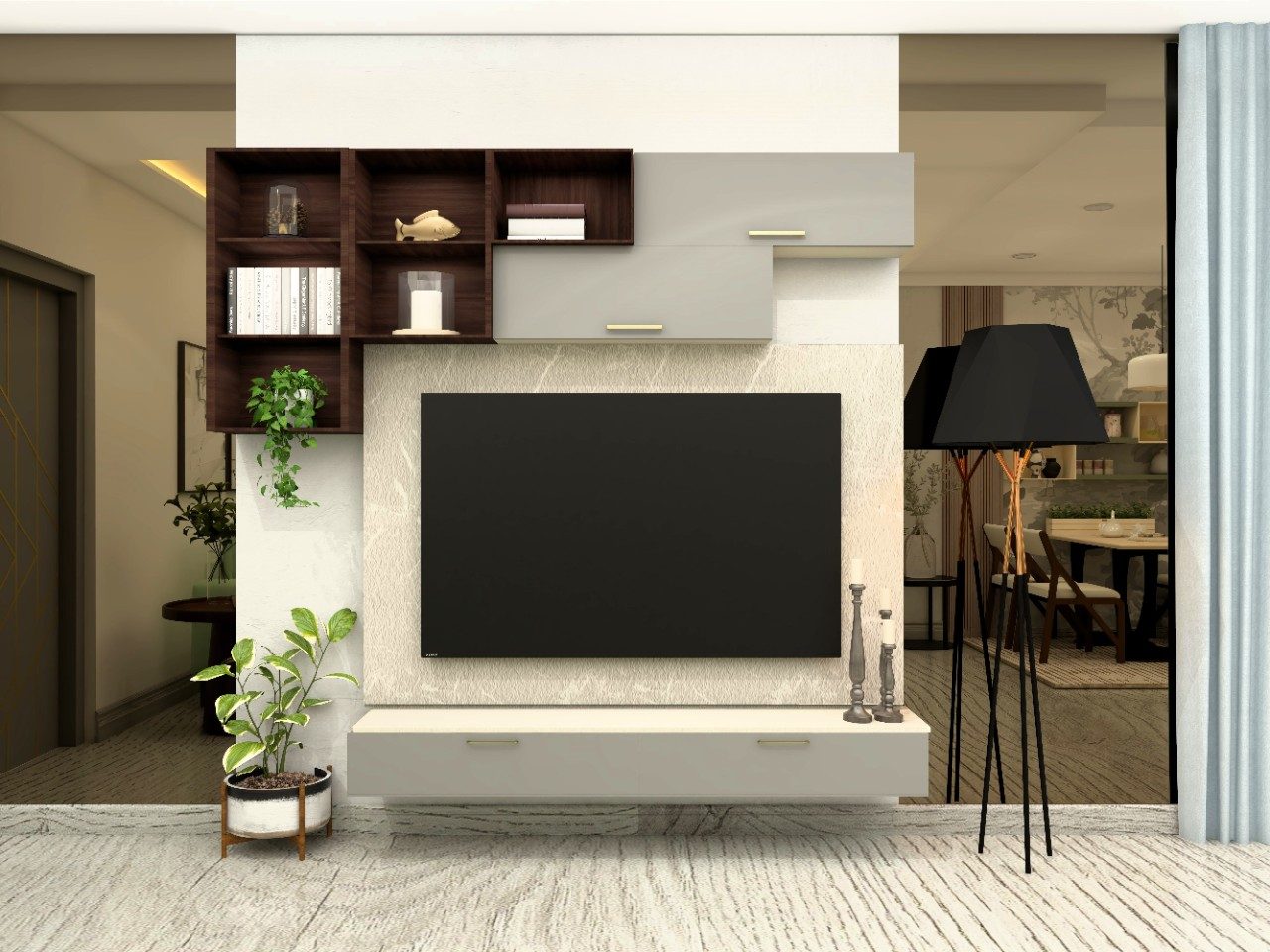 Small TV unit with wall mounted shelves and drawers-Beautiful Homes