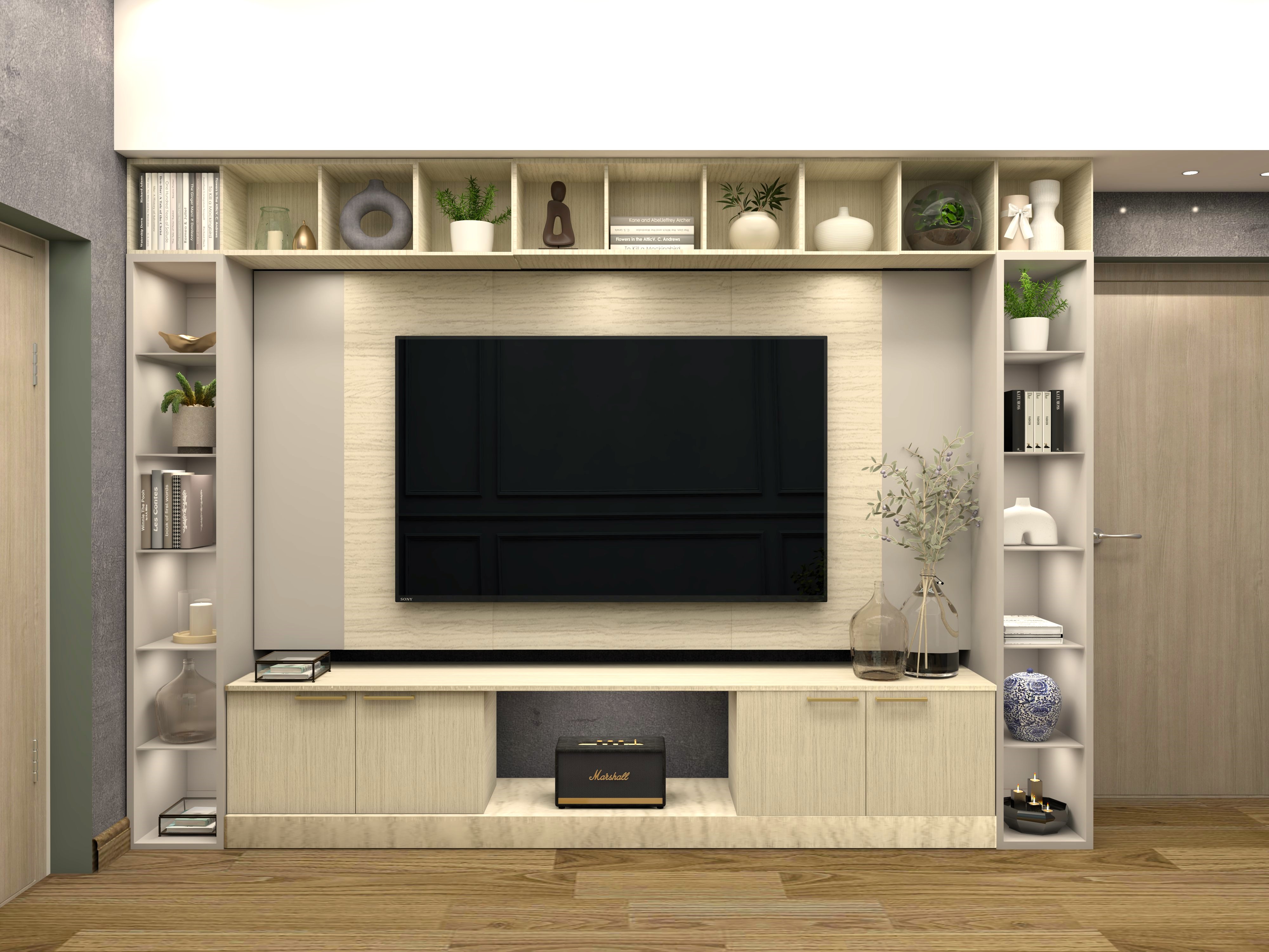 Textured TV unit with cupboard and shelves-Beautiful Homes
