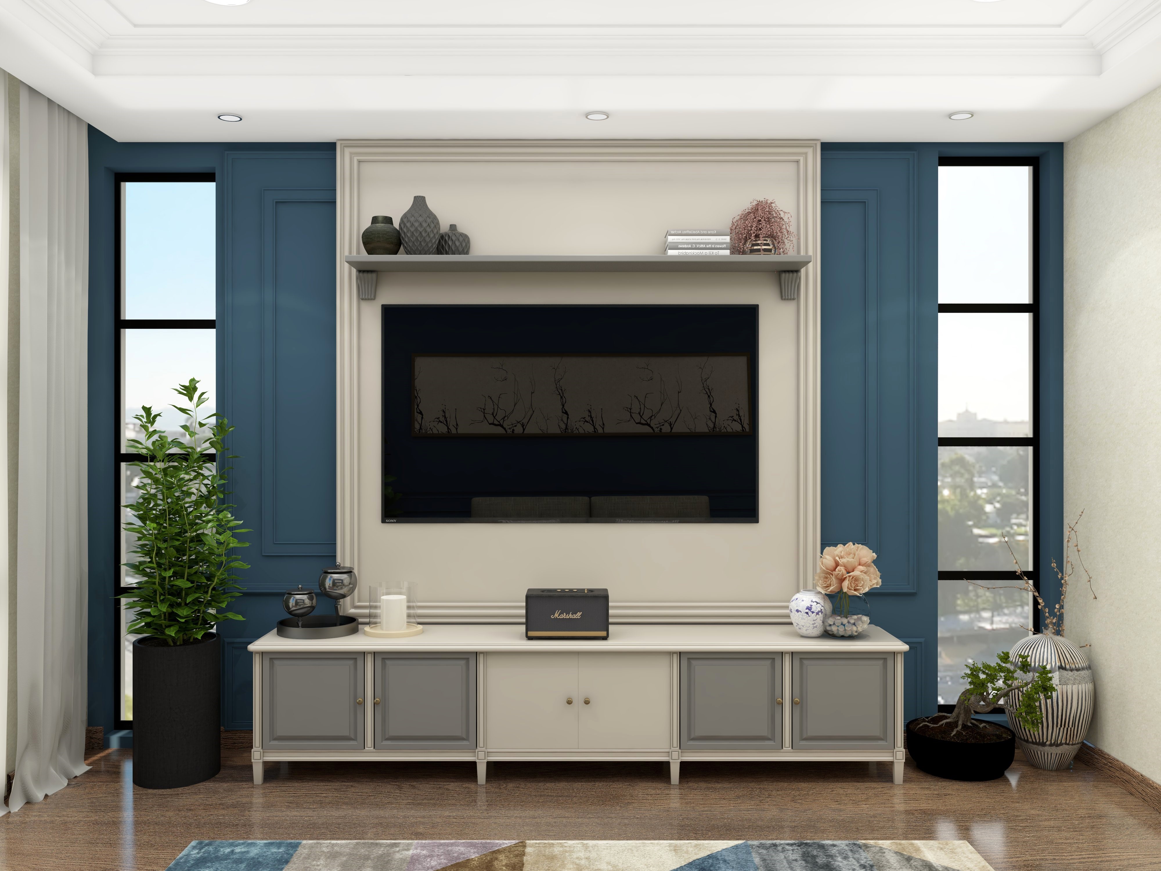 Traditional TV unit design with white cabinets - Beautiful Homes