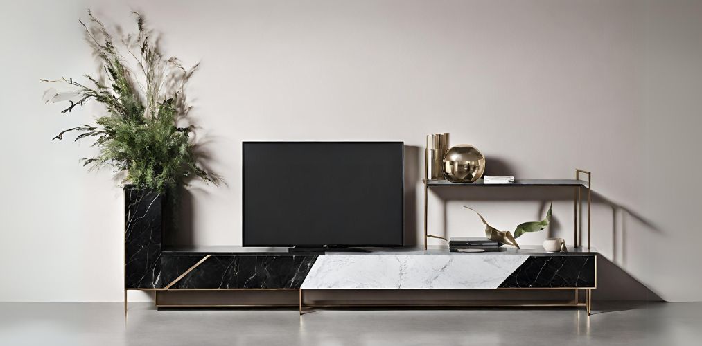 TV unit console with black marble and metal inserts-Beautiful Homes