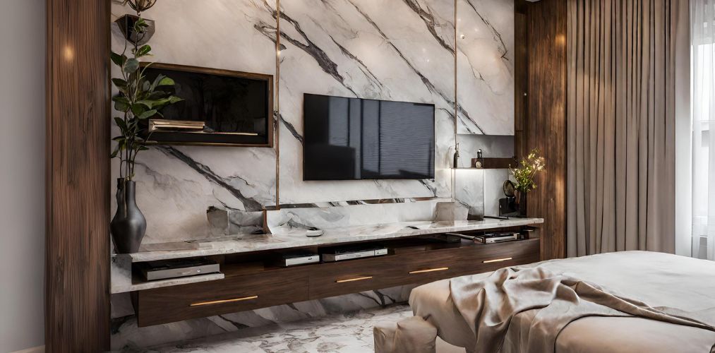 TV unit design for bedroom with glossy marble tile - Beautiful Homes
