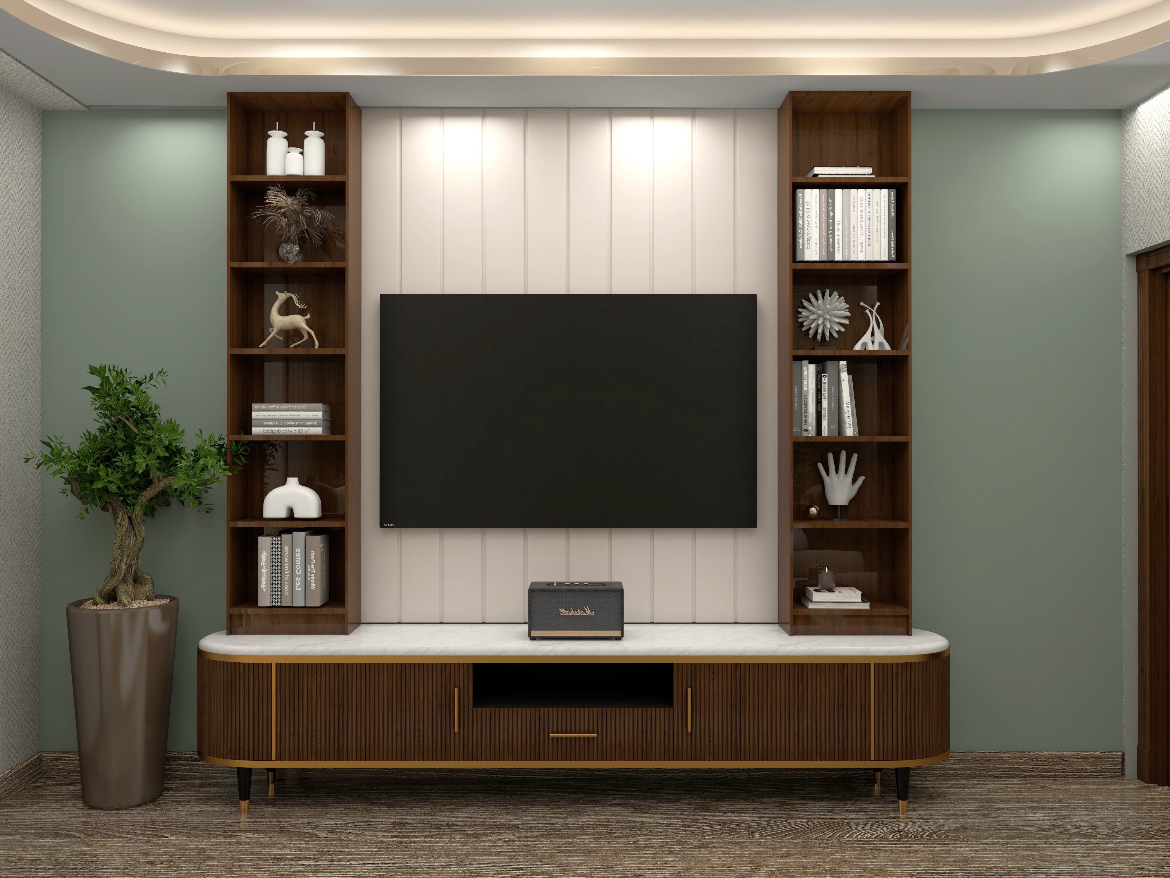 TV unit design with fluted wooden console and shelves-Beautiful Homes