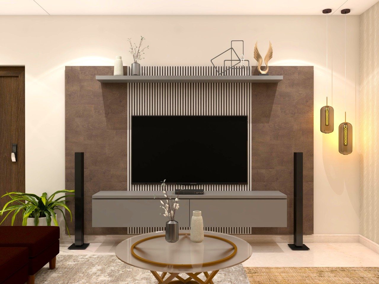 TV unit design with louvers and wall mounted drawers-Beautiful Homes