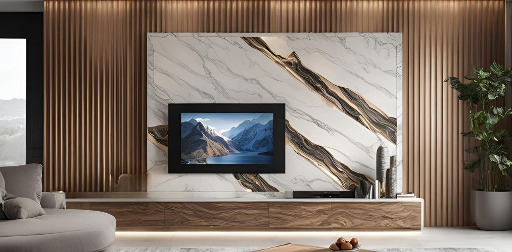 TV unit design with marble finish and fluted wooden wall panels - Beautiful Homes