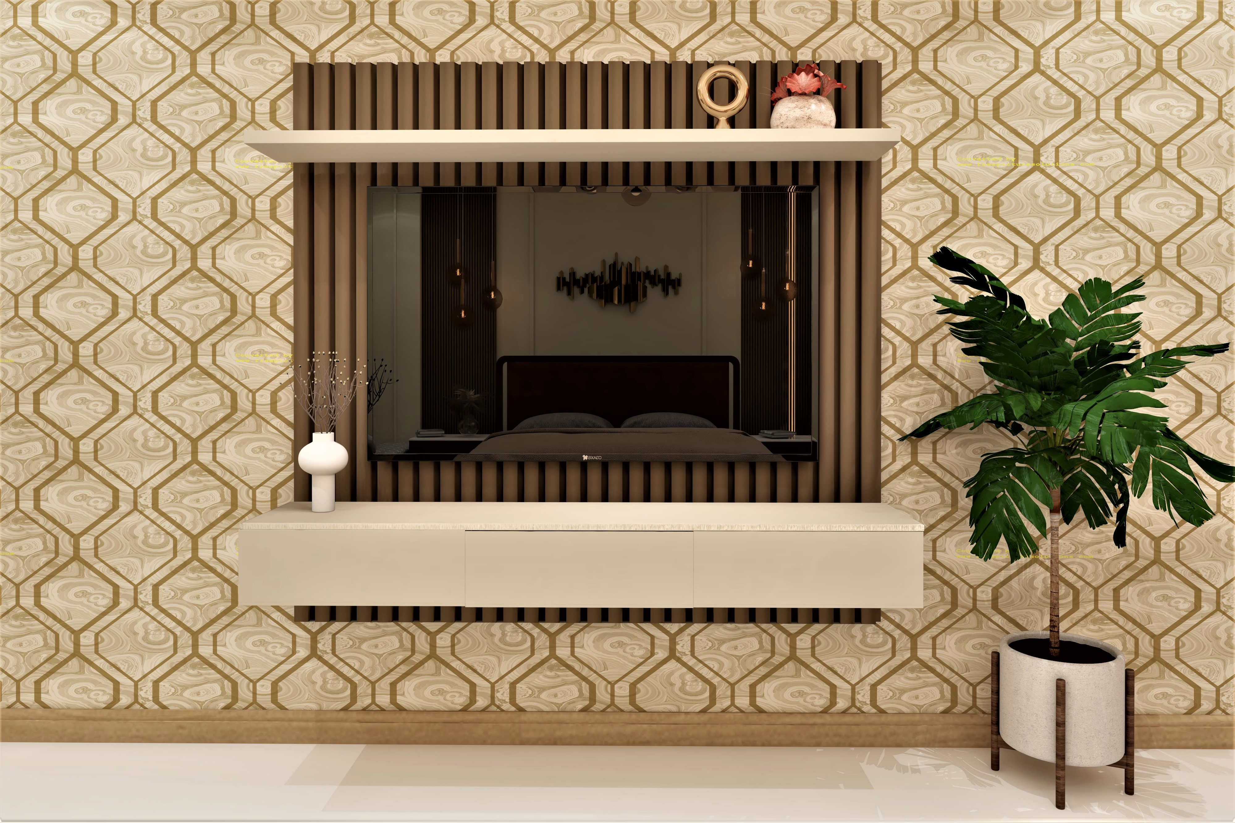 TV unit with sleek drawers and traditional wallpaper-Beautiful Homes