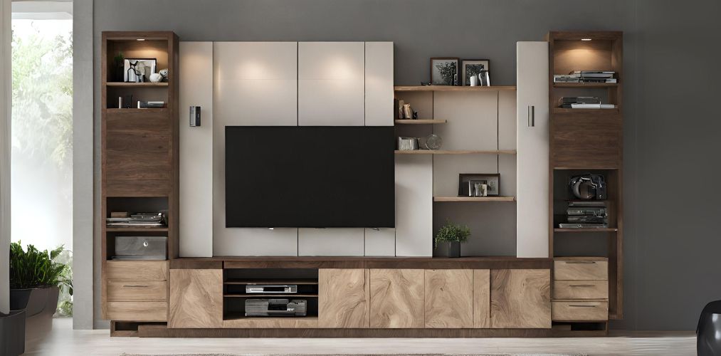 TV unit design with white back panel and wooden storage - Beautiful Homes