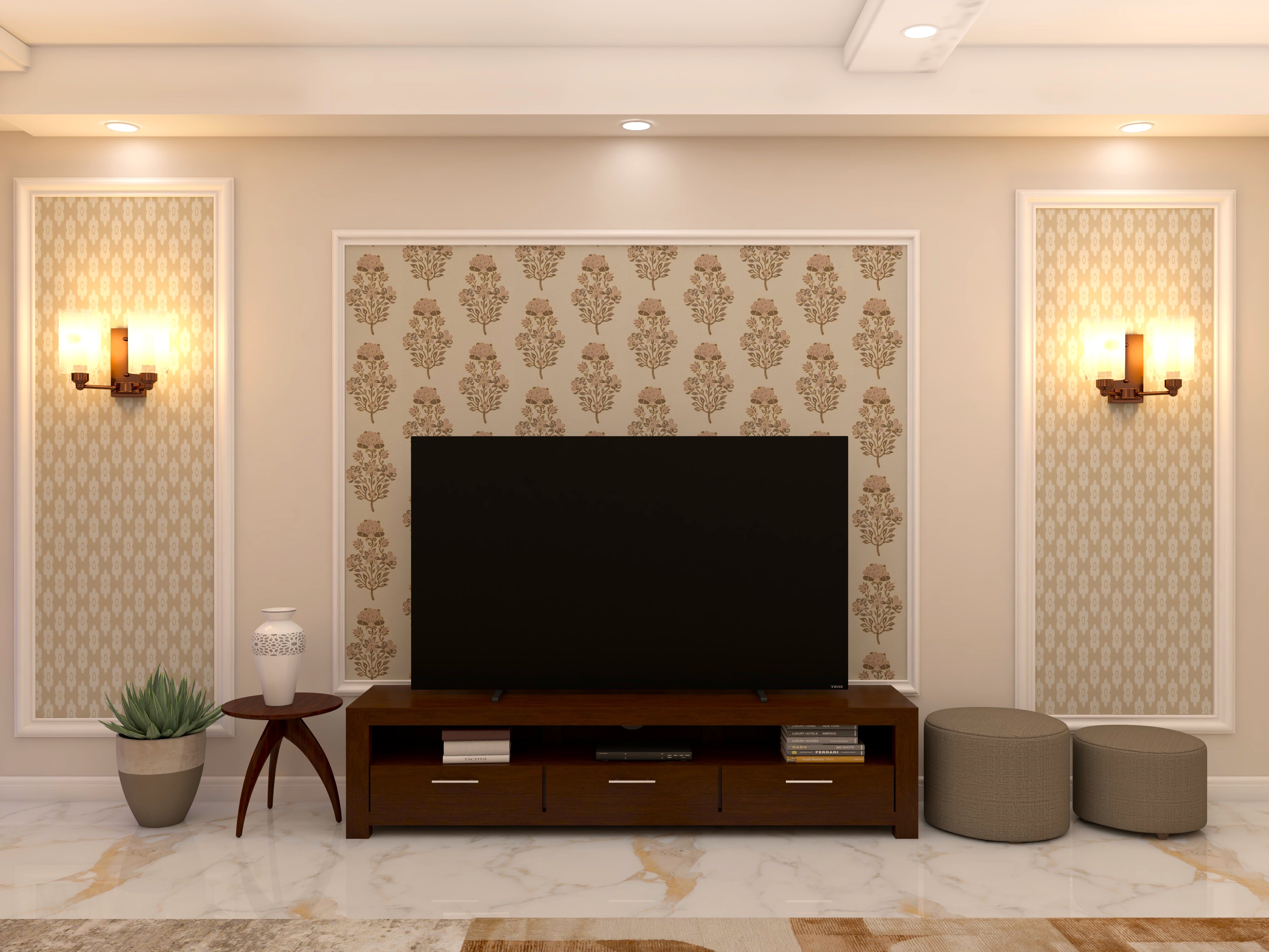 TV unit wall design with mouldings and traditional wallpaper-Beautiful Homes