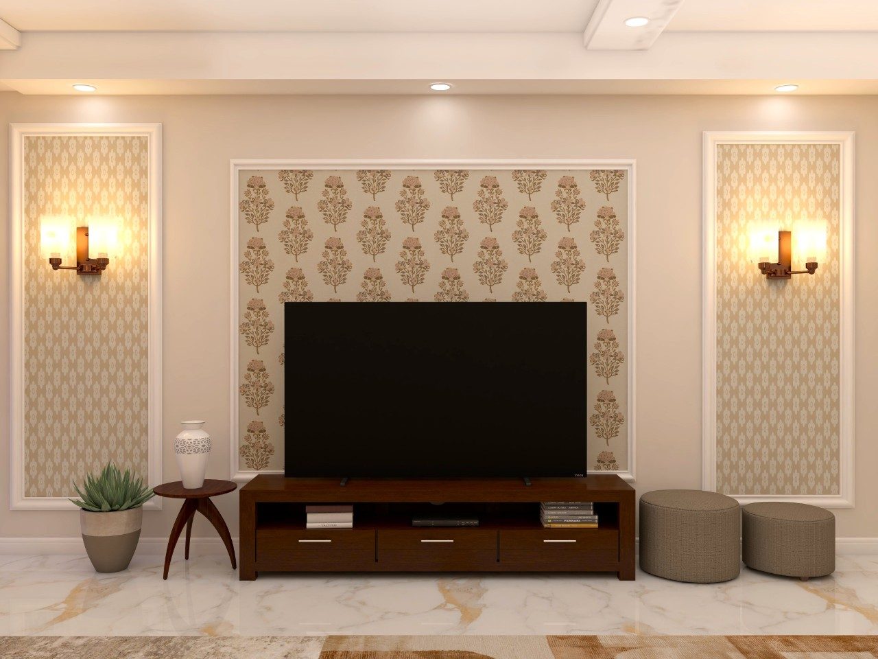 TV unit wall design with mouldings and traditional wallpaper-Beautiful Homes