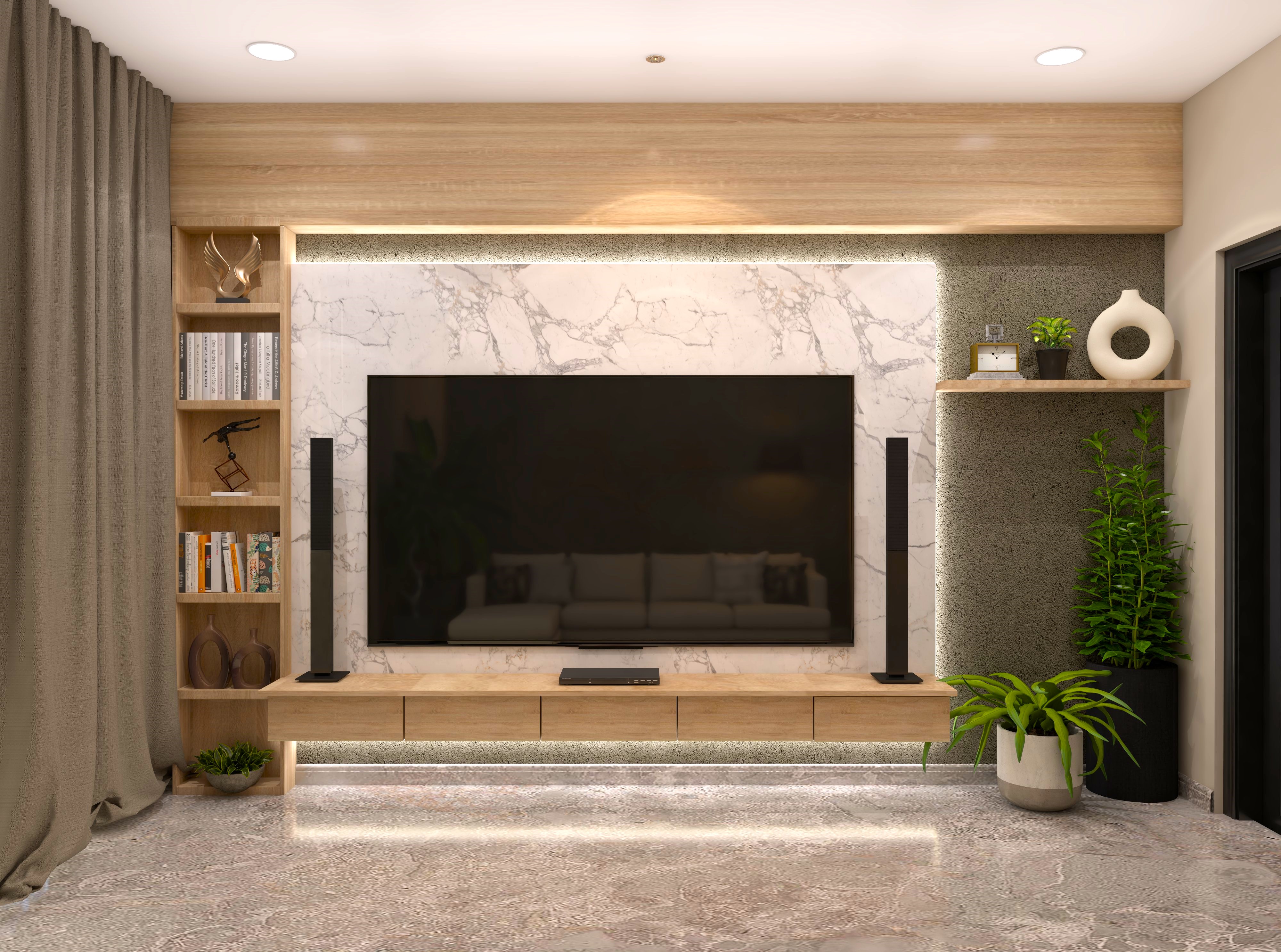 TV unit wall design with white marble and wooden shelves and drawers-Beautiful Homes
