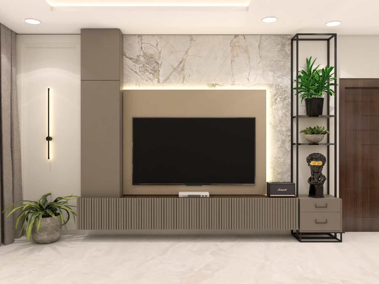 TV unit wall with marble and back lit brown panel-Beautiful Homes