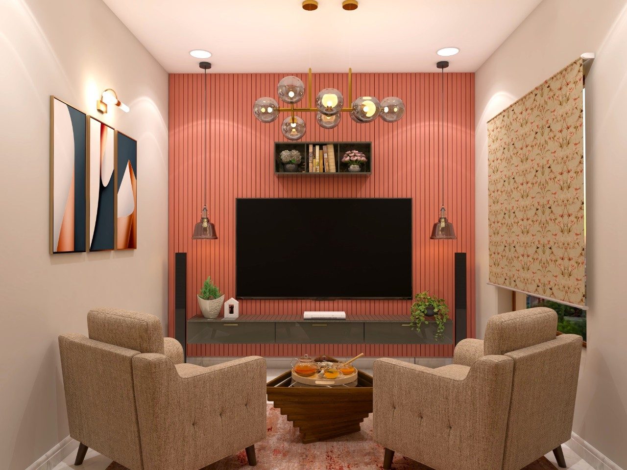 TV unit wall with peach rafter paneling and floating shelves-Beautiful Homes