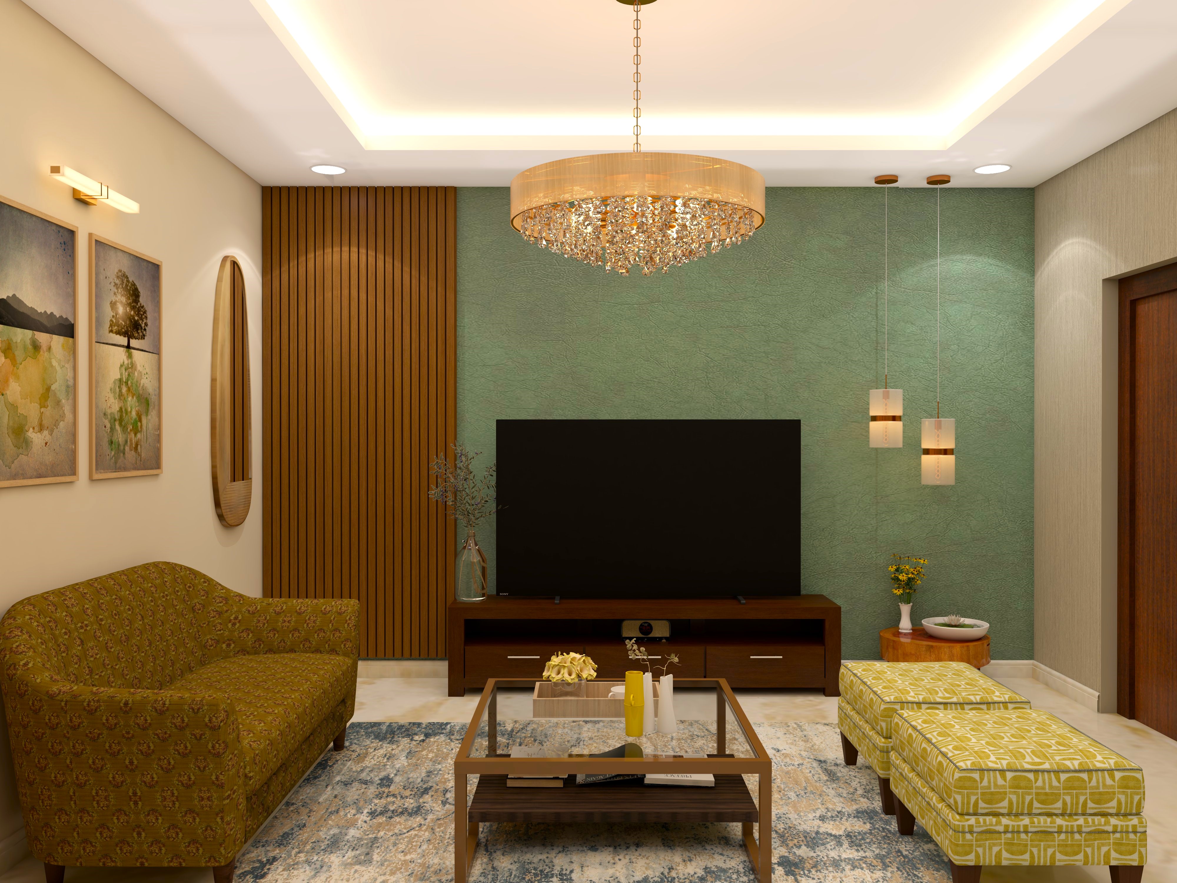 TV unit wall with rafters and green wallpaper-Beautiful Homes