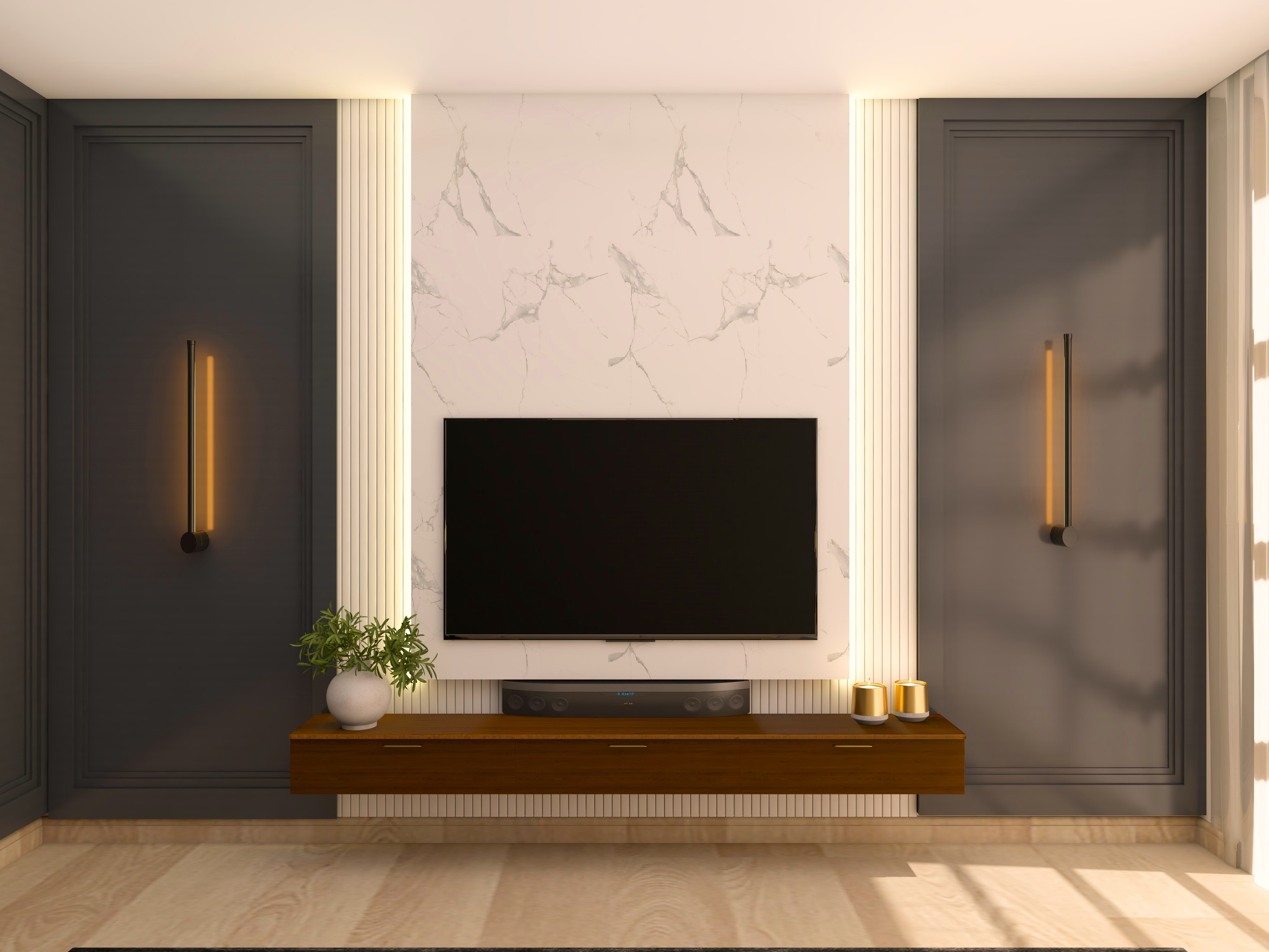 TV unit wall with white marble and grey paneling with wall lights-Beautiful Homes