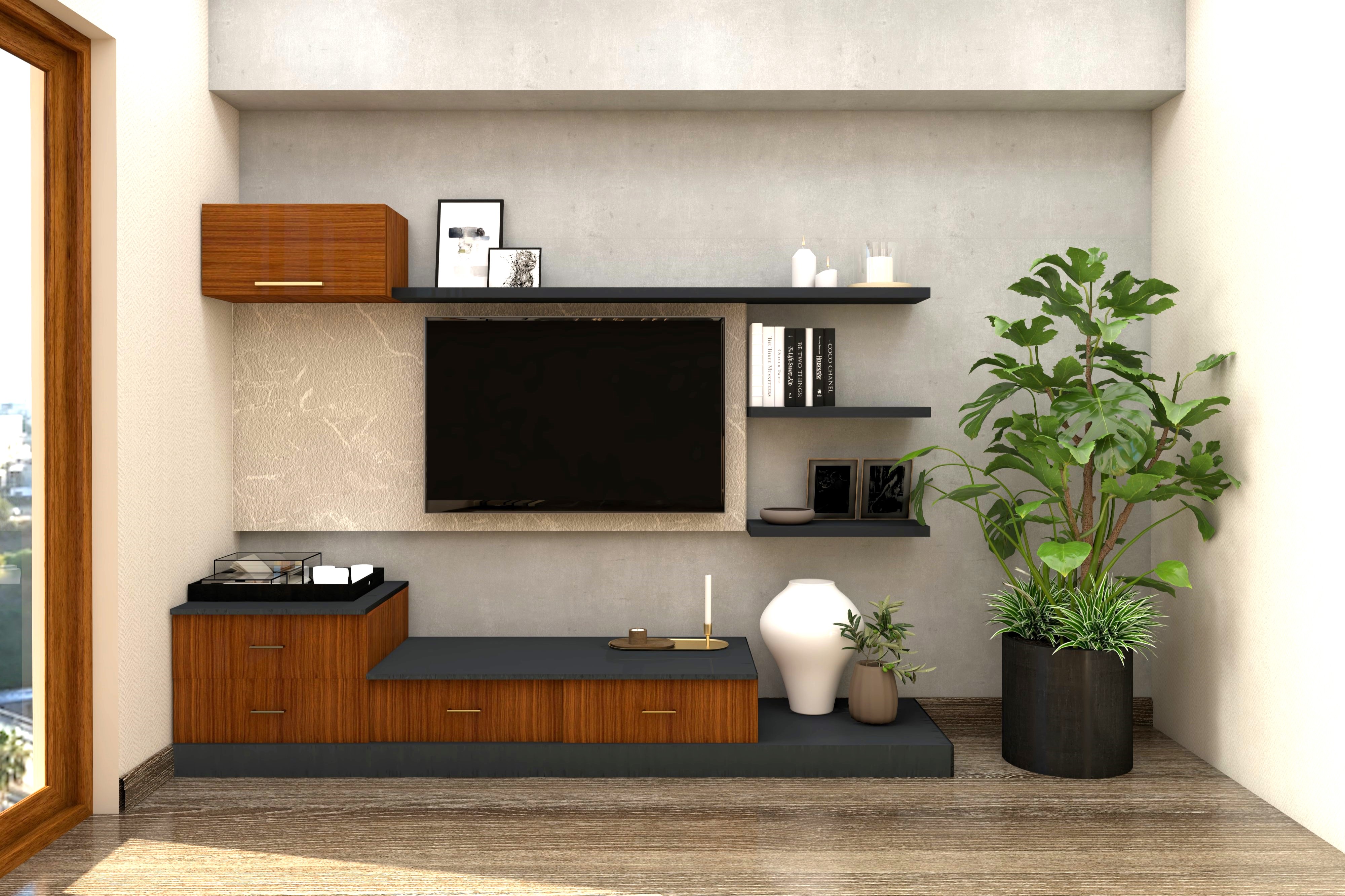 TV unit with black floating shelves and wooden finish drawers-Beautiful Homes