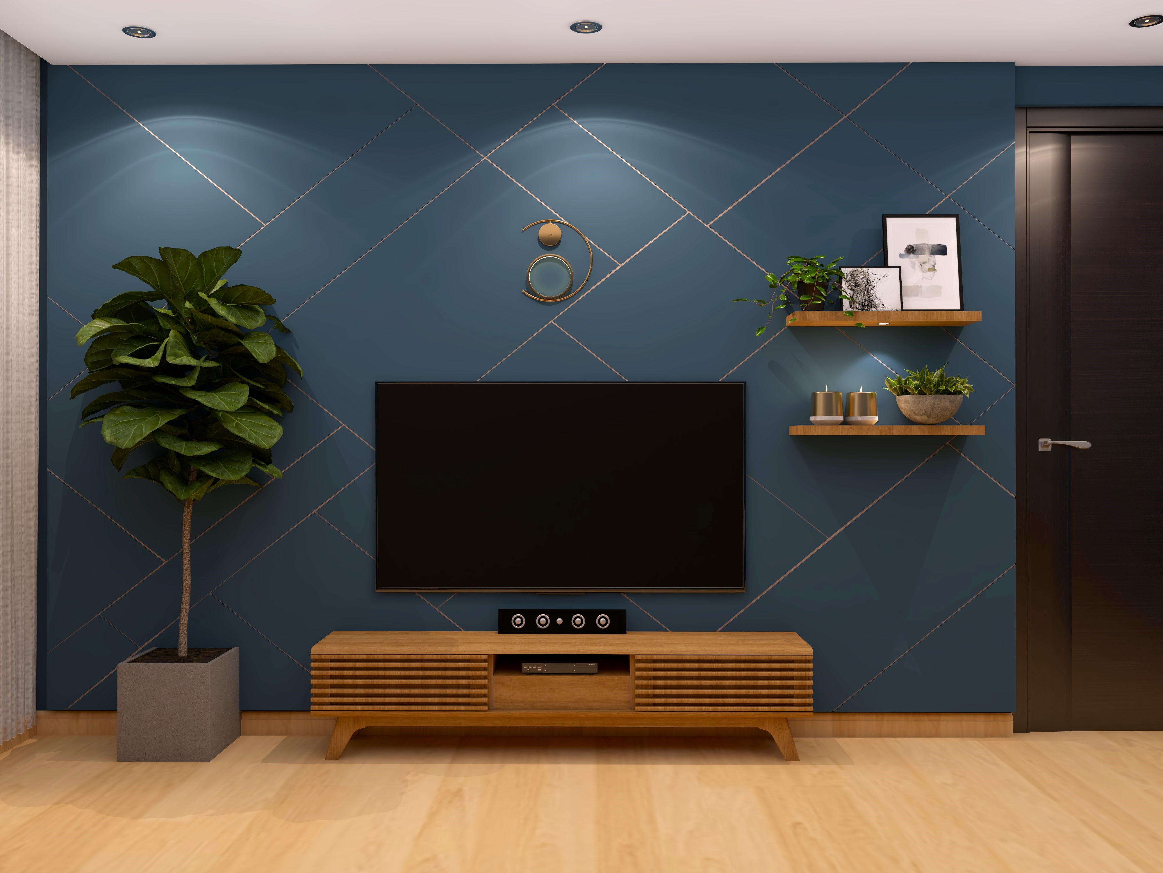 TV unit with dark blue paneling and wooden console unit-Beautiful Homes