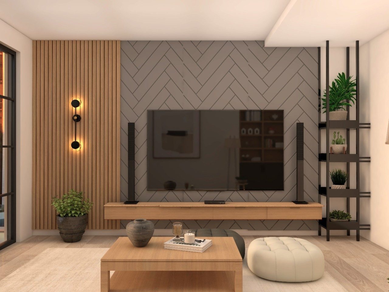 TV unit with grey herringbone pattern paneling and wooden wall mounted drawers-Beautiful Homes