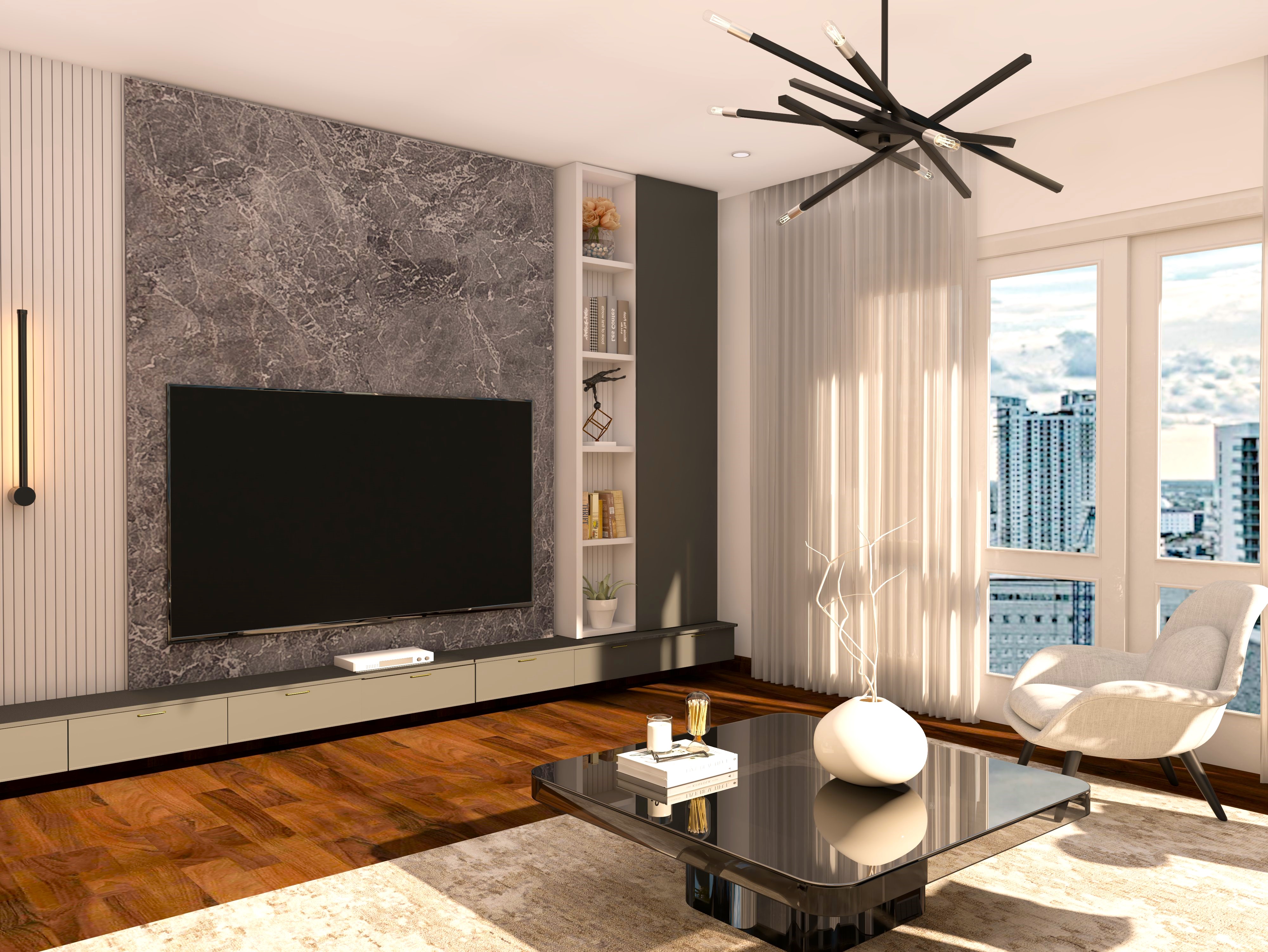 TV unit with grey marble wall tile and floor mounted drawers - Beautiful Homes