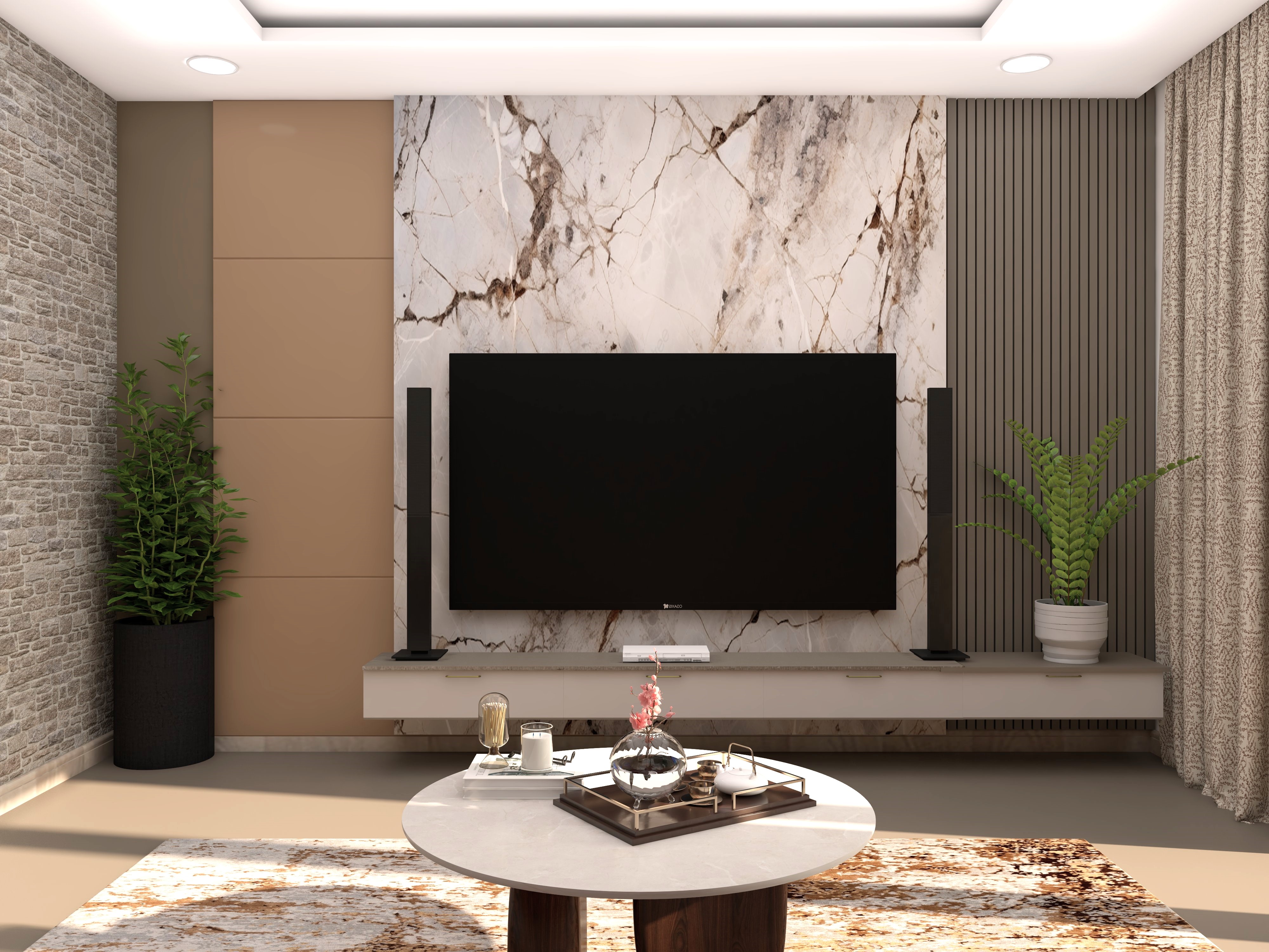 TV unit with marble wall and fluted paneling-Beautiful Homes